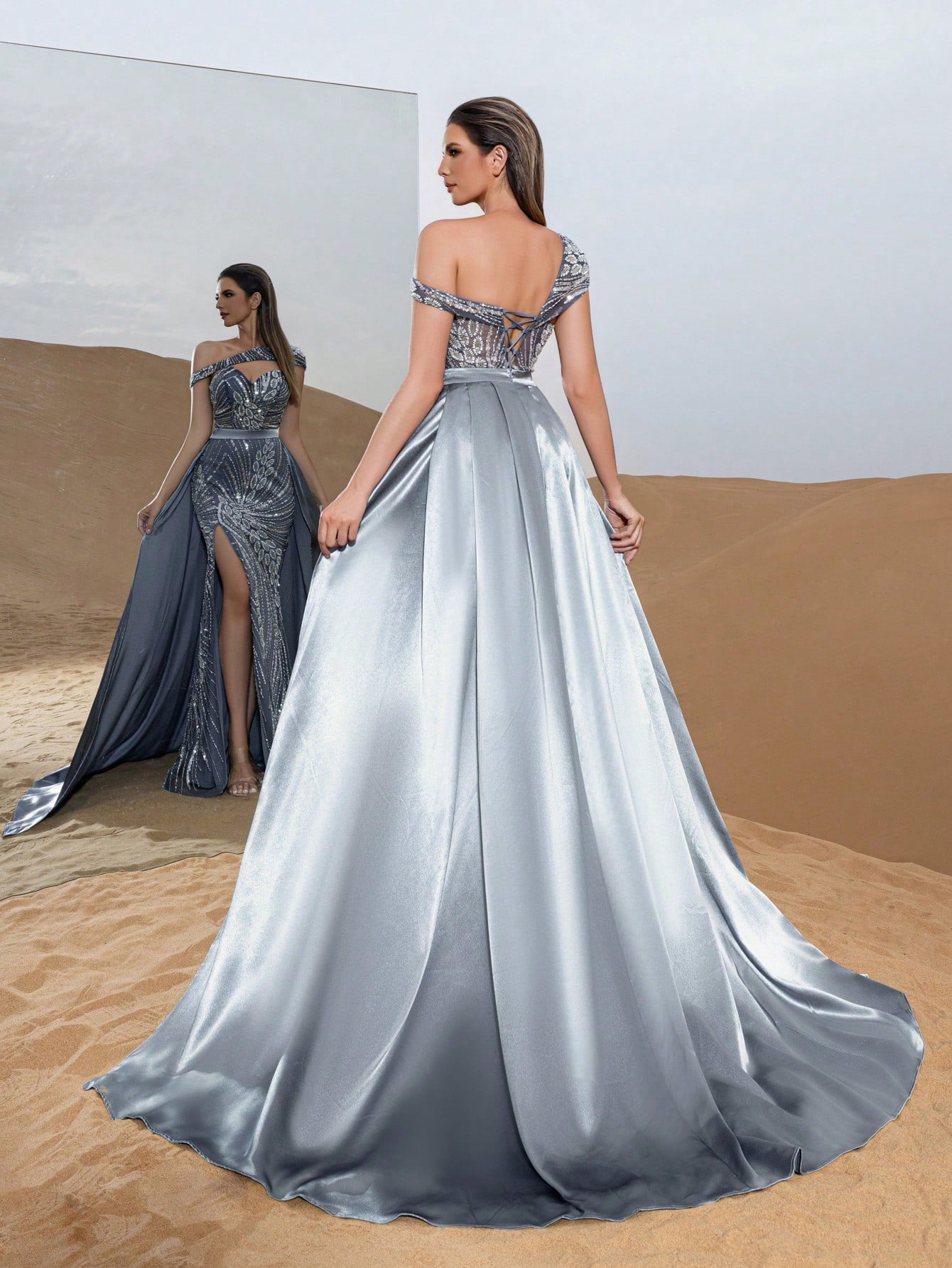 Luxury Asymmetrical Neck Lace-up Back Mermaid Hem Beaded Floral Formal Dresses & Evening Gowns
