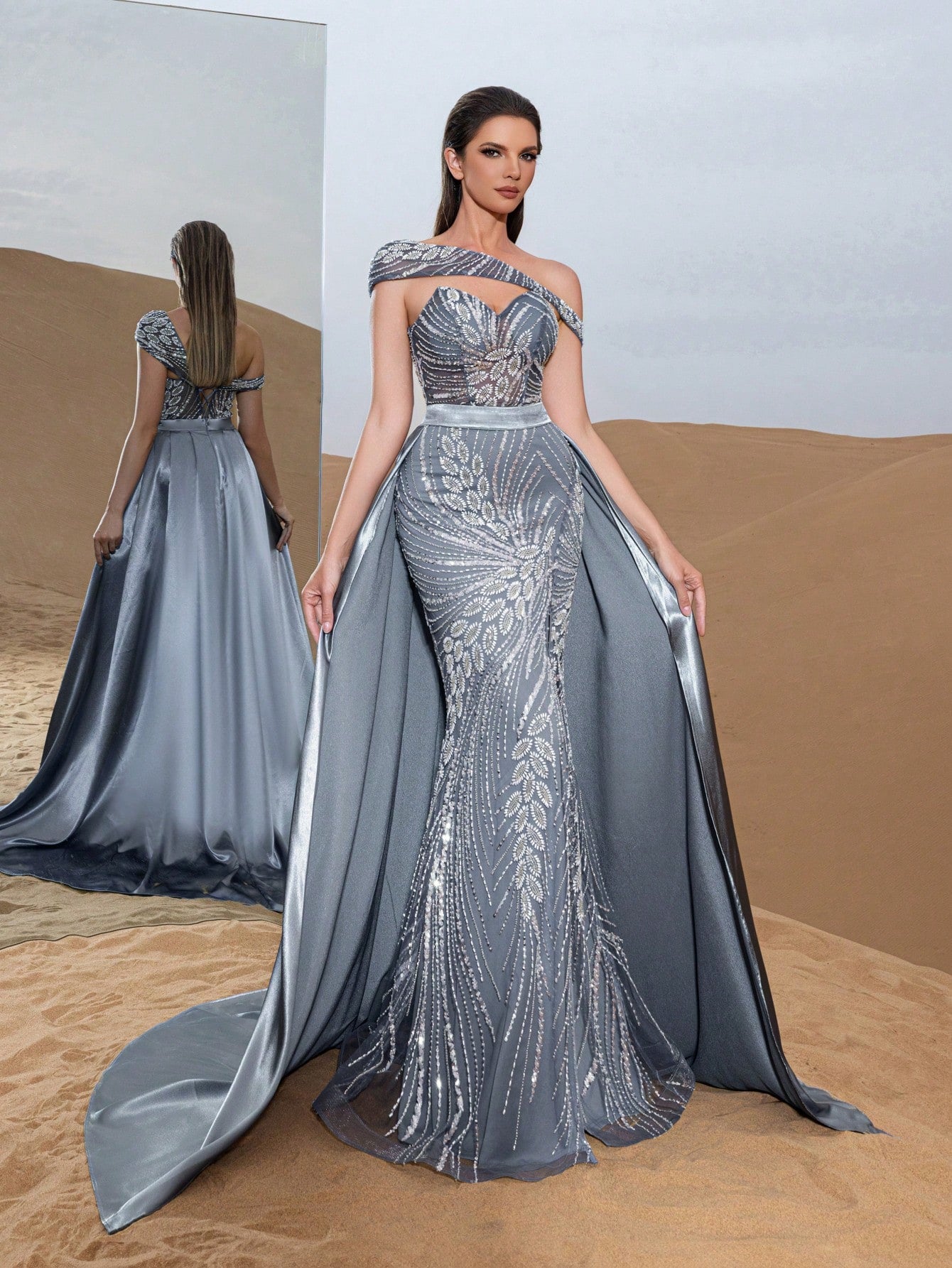 Luxury Asymmetrical Neck Lace-up Back Mermaid Hem Beaded Floral Formal Dresses & Evening Gowns