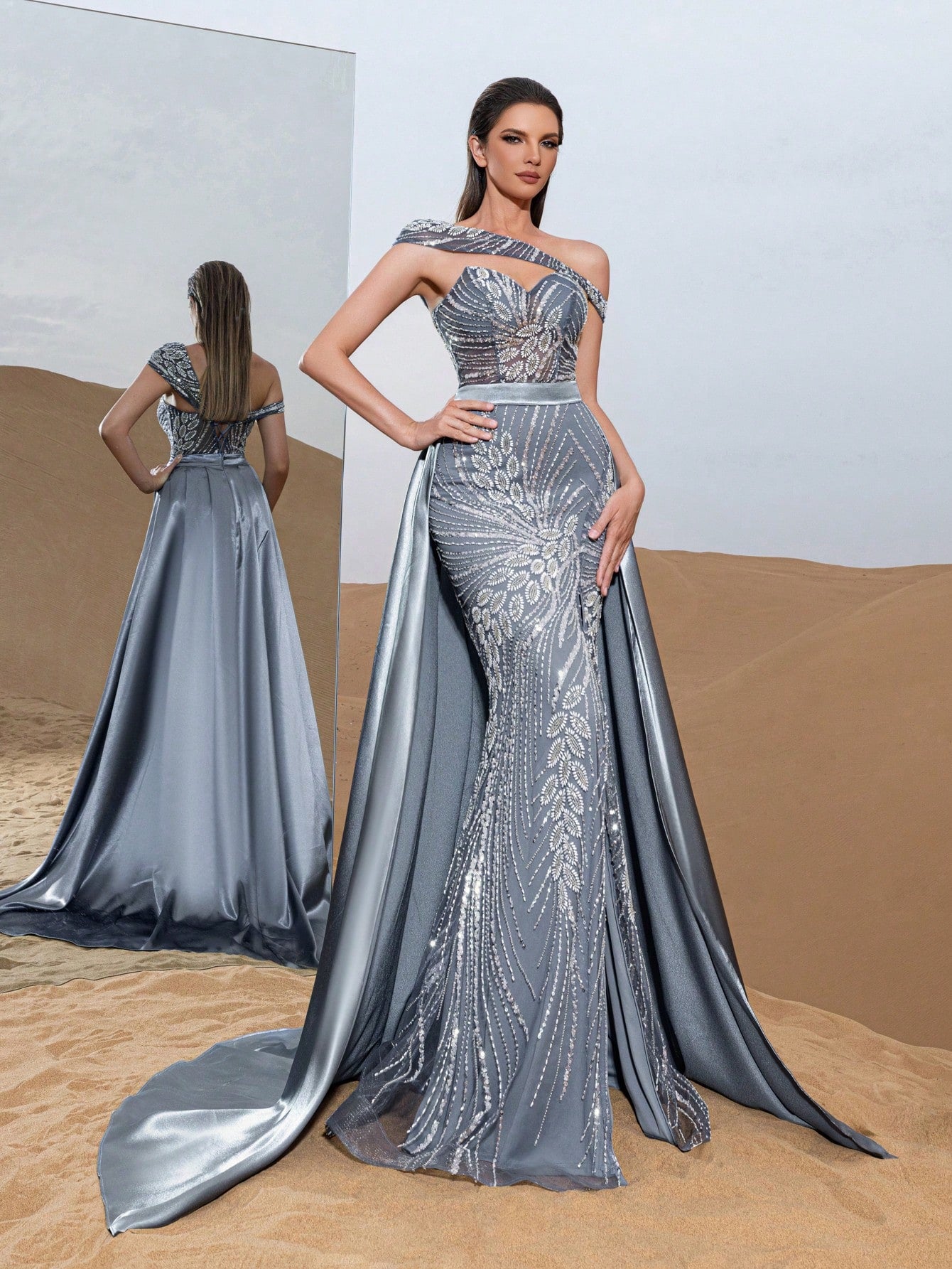 Luxury Asymmetrical Neck Lace-up Back Mermaid Hem Beaded Floral Formal Dresses & Evening Gowns