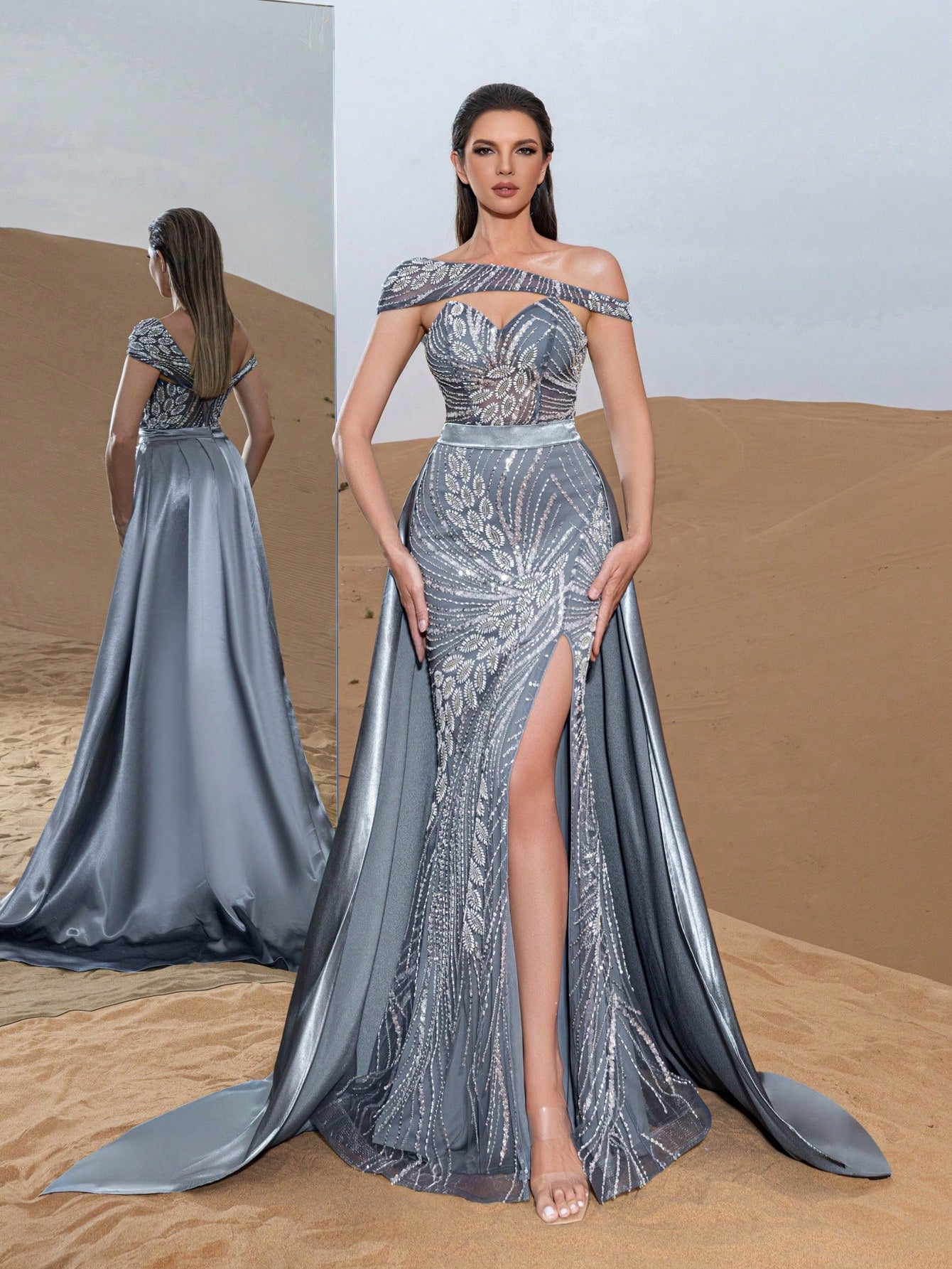 Luxury Asymmetrical Neck Lace-up Back Mermaid Hem Beaded Floral Formal Dresses & Evening Gowns