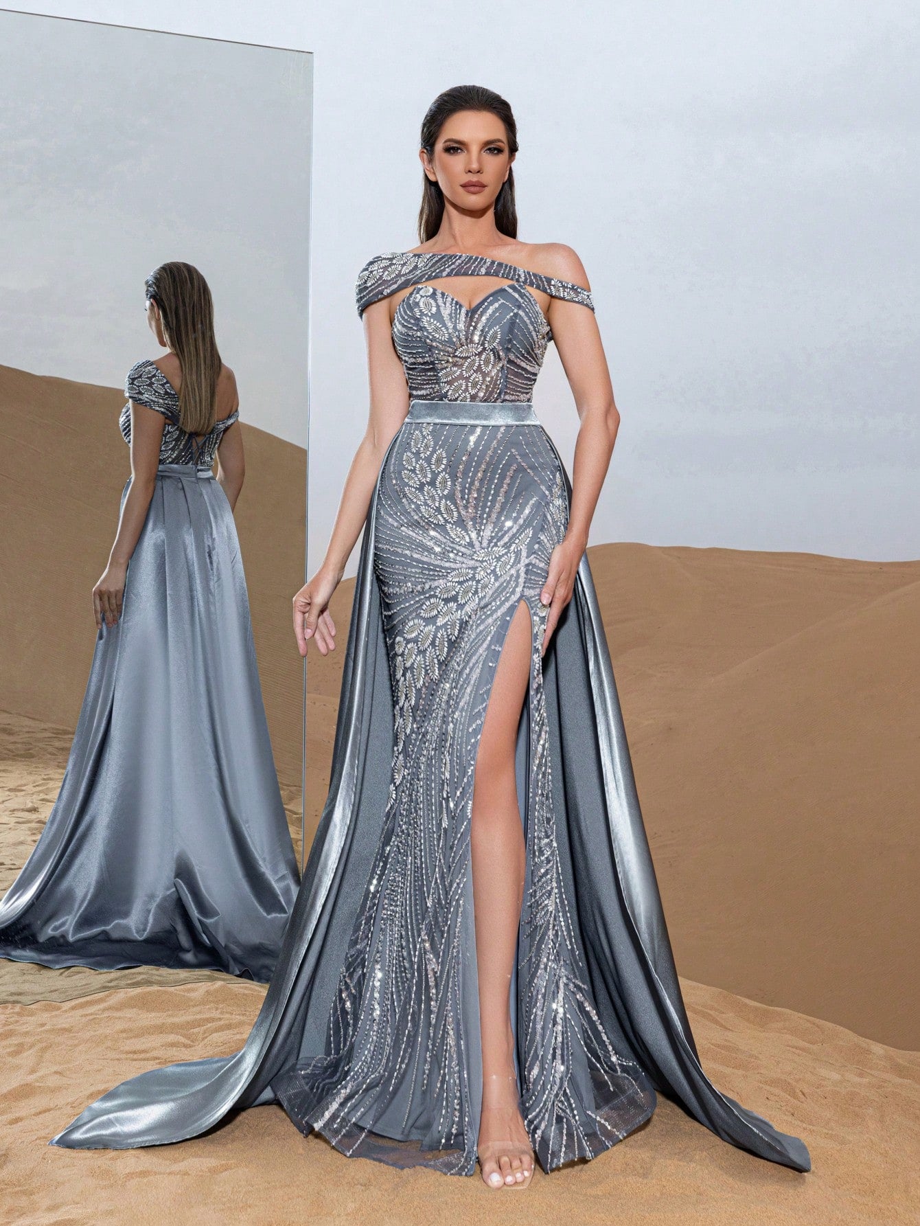 Luxury Asymmetrical Neck Lace-up Back Mermaid Hem Beaded Floral Formal Dresses & Evening Gowns
