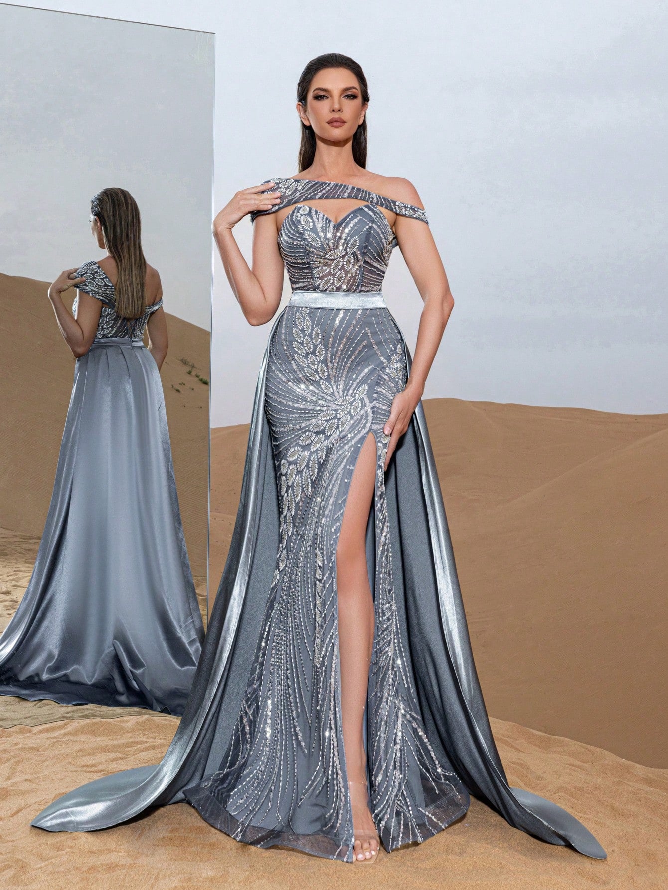 Luxury Asymmetrical Neck Lace-up Back Mermaid Hem Beaded Floral Formal Dresses & Evening Gowns