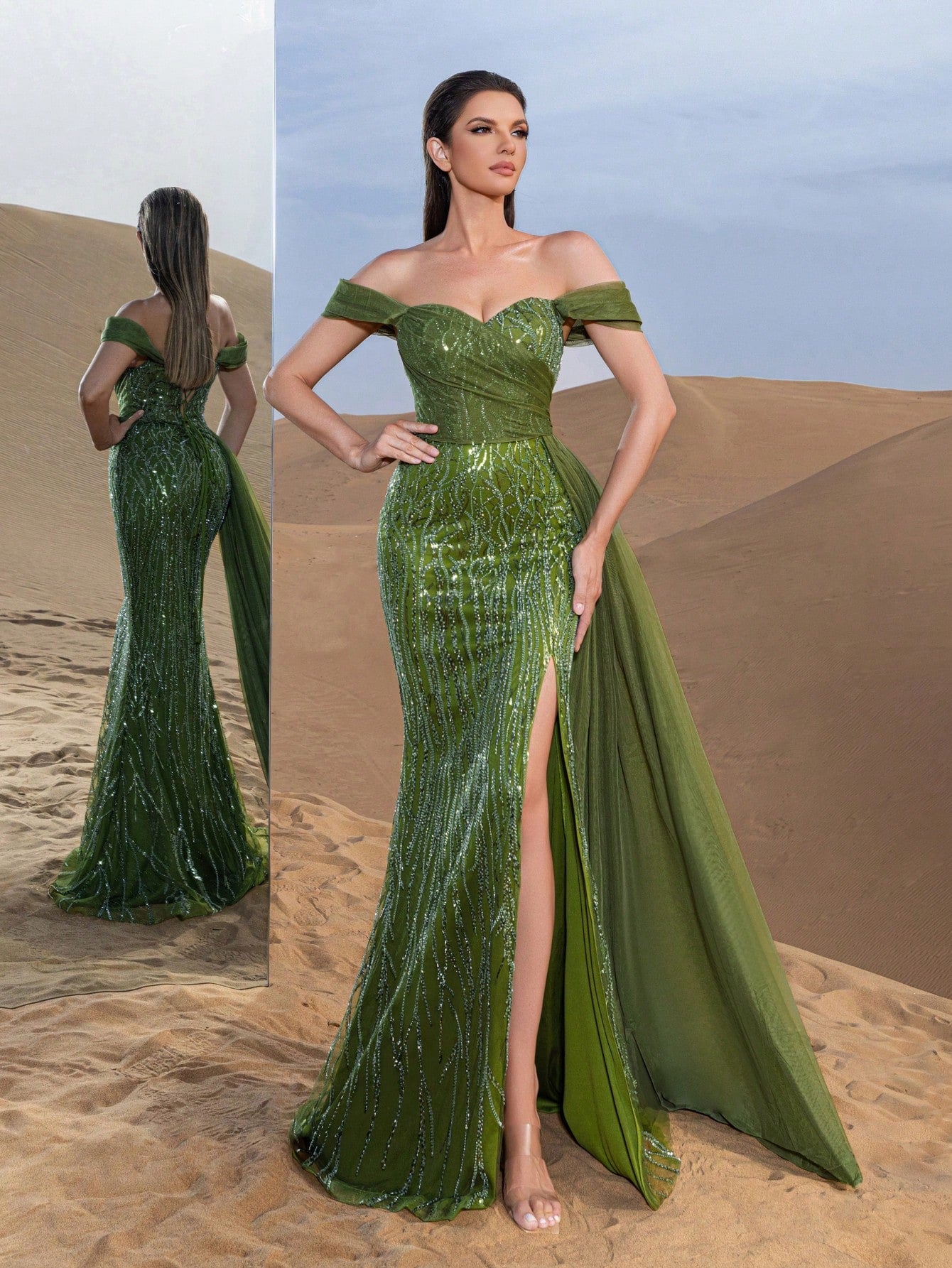 Gorgeous Off Shoulder Mesh Overlay Split Mermaid Hem Beaded Formal Dresses & Evening Gowns