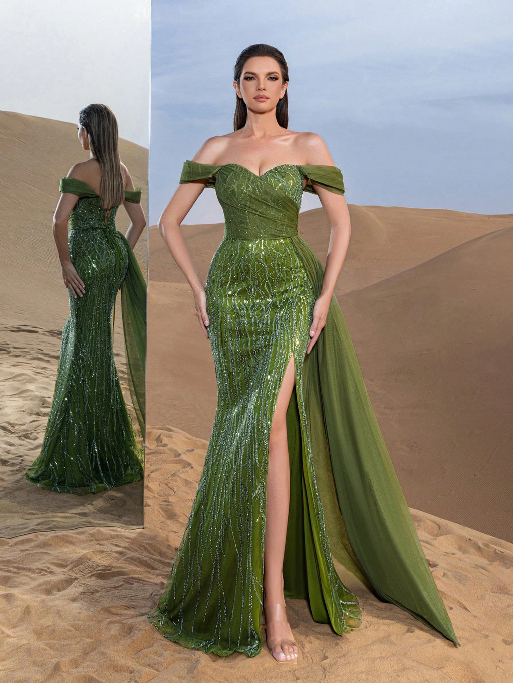 Gorgeous Off Shoulder Mesh Overlay Split Mermaid Hem Beaded Formal Dresses & Evening Gowns