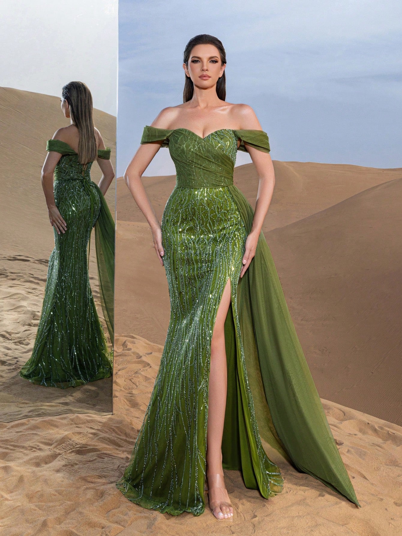 Gorgeous Off Shoulder Mesh Overlay Split Mermaid Hem Beaded Formal Dresses & Evening Gowns