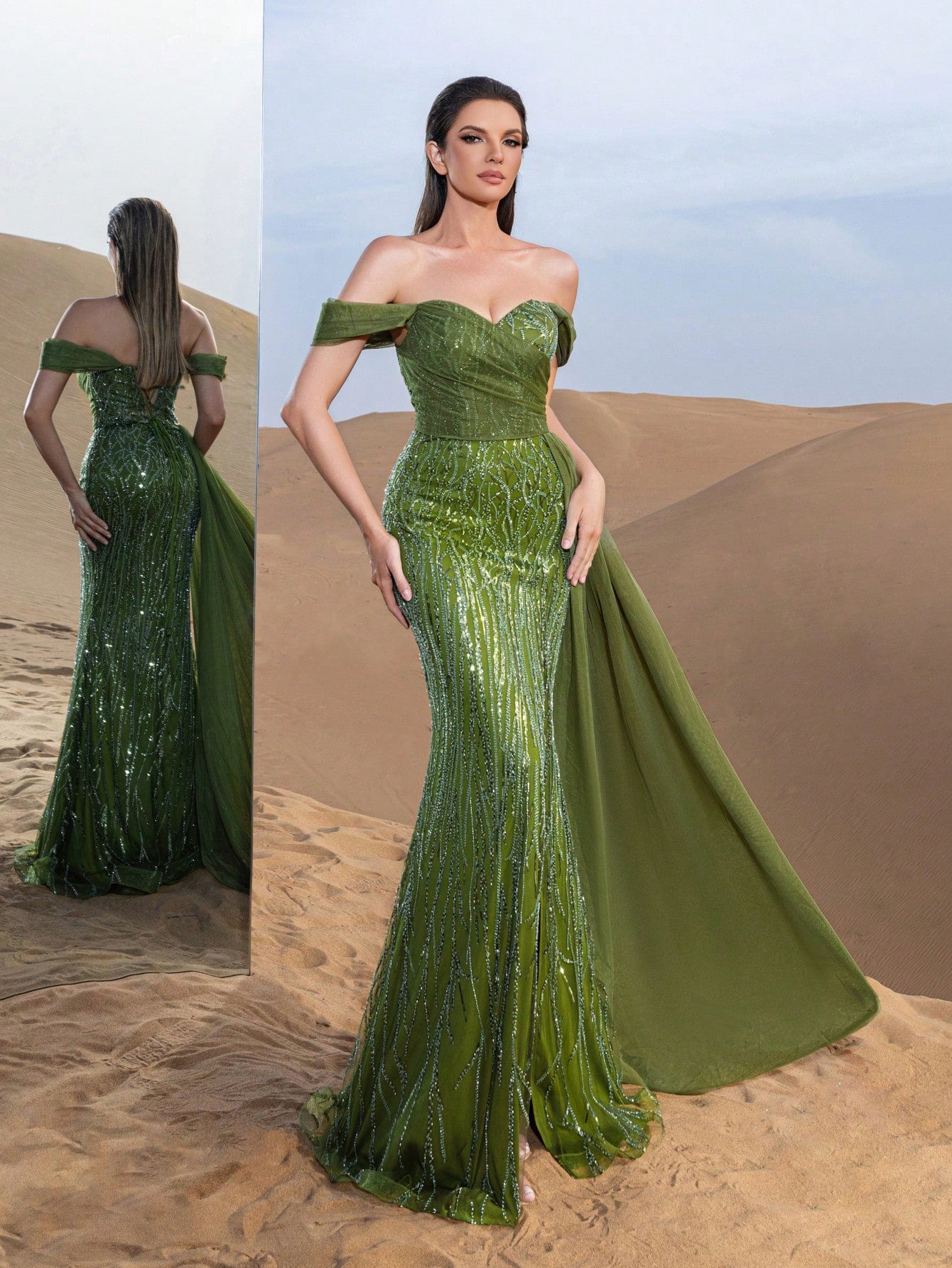 Gorgeous Off Shoulder Mesh Overlay Split Mermaid Hem Beaded Formal Dresses & Evening Gowns