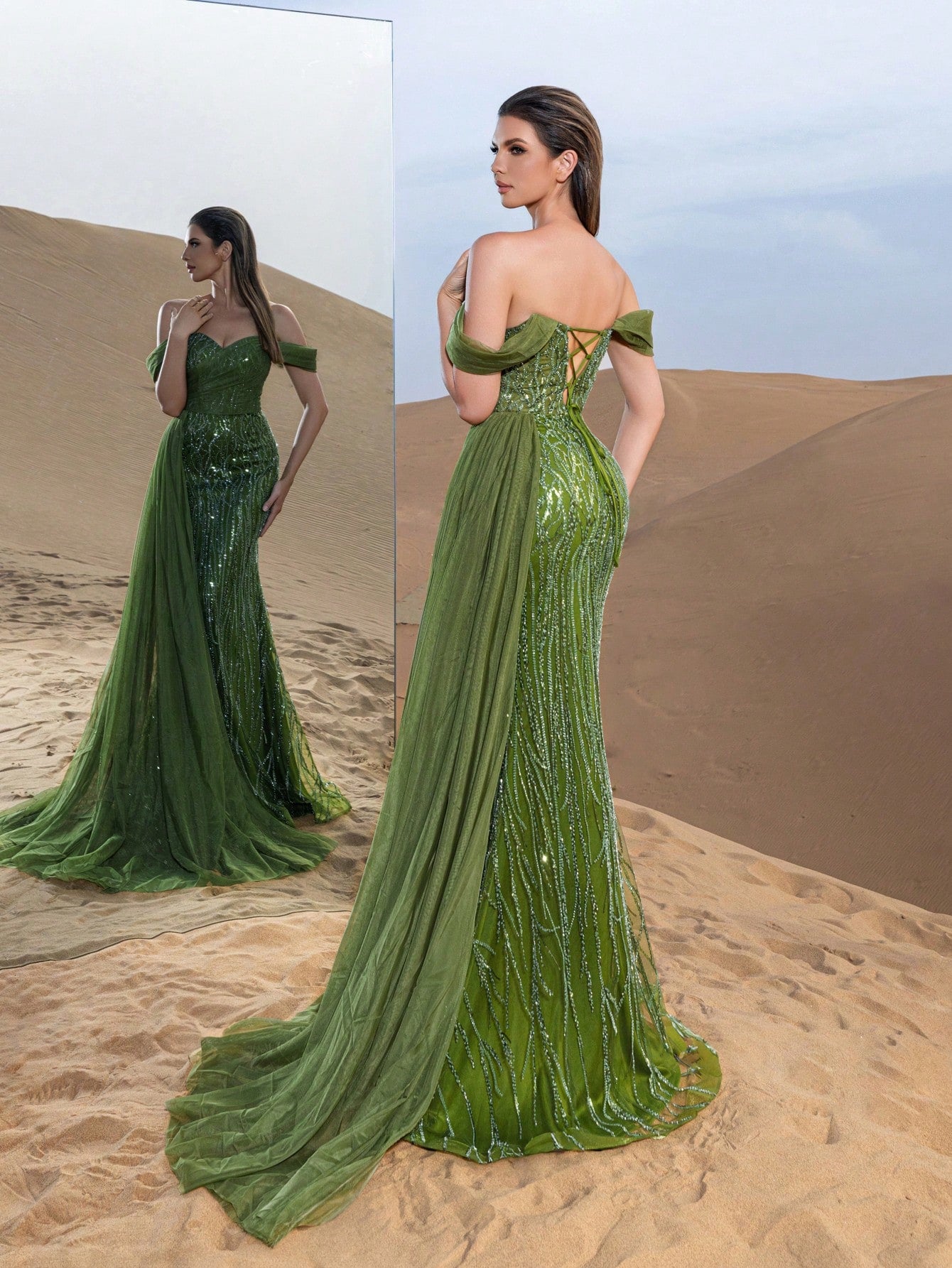 Gorgeous Off Shoulder Mesh Overlay Split Mermaid Hem Beaded Formal Dresses & Evening Gowns