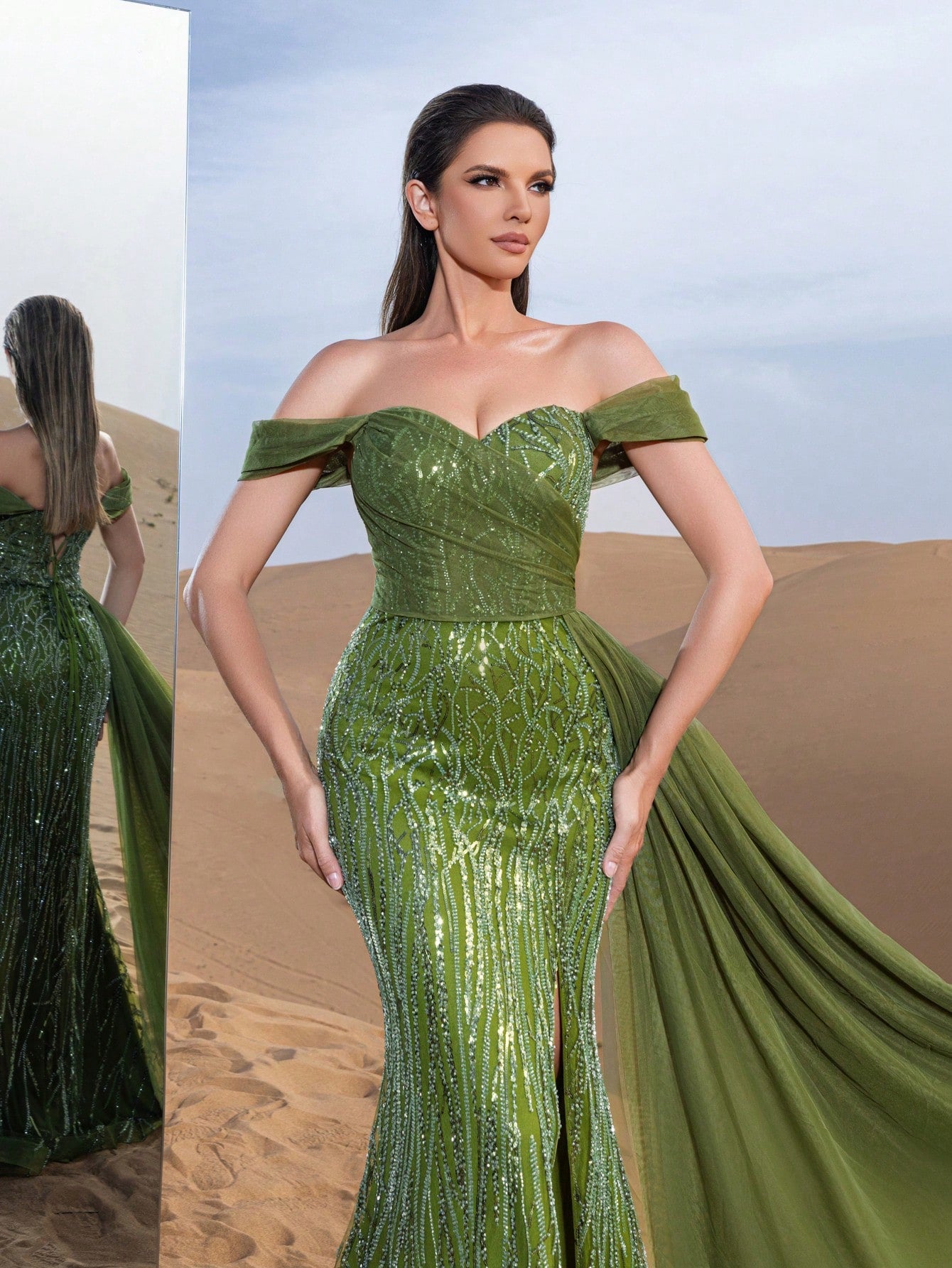 Gorgeous Off Shoulder Mesh Overlay Split Mermaid Hem Beaded Formal Dresses & Evening Gowns