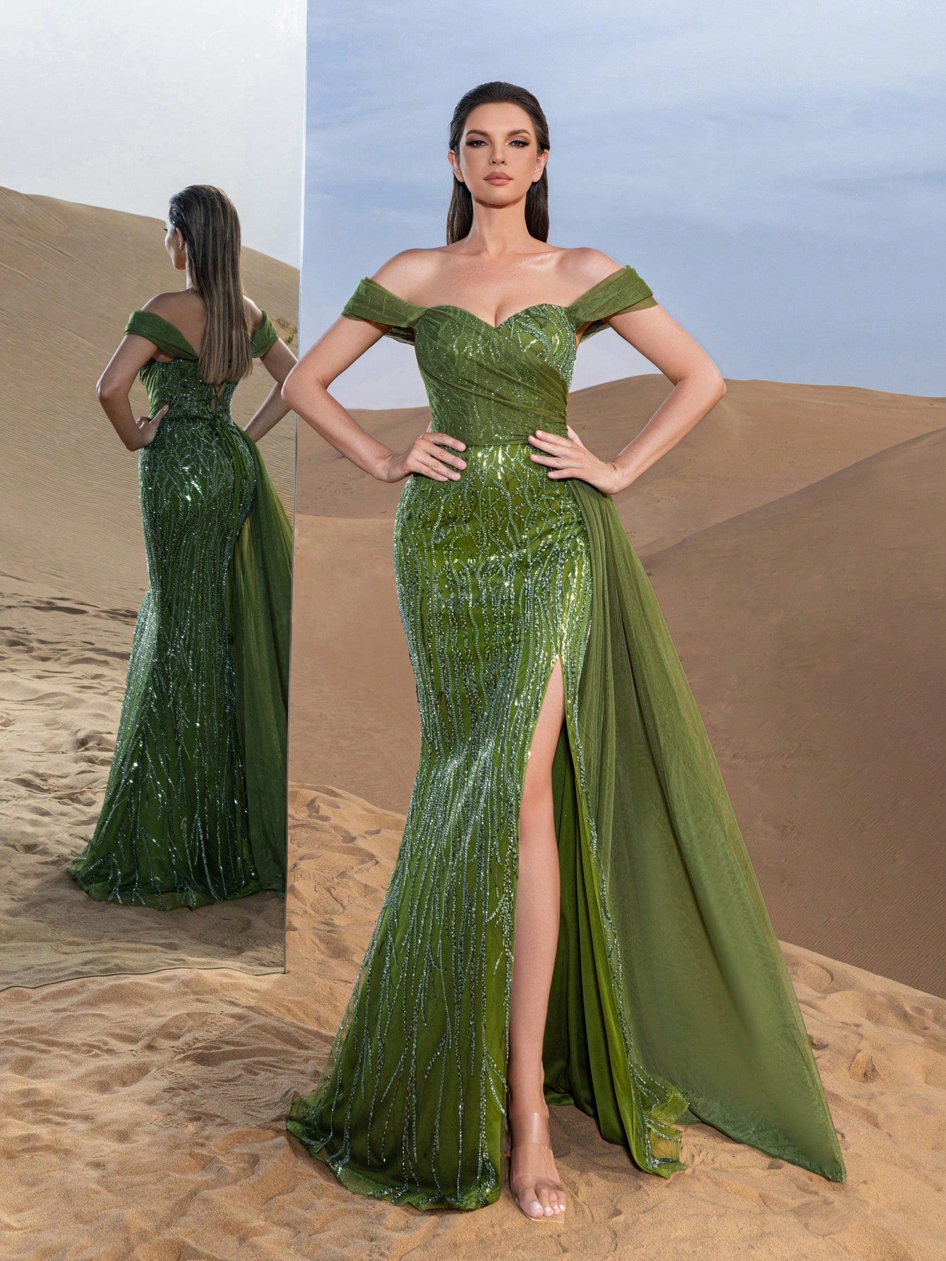 Gorgeous Off Shoulder Mesh Overlay Split Mermaid Hem Beaded Formal Dresses & Evening Gowns