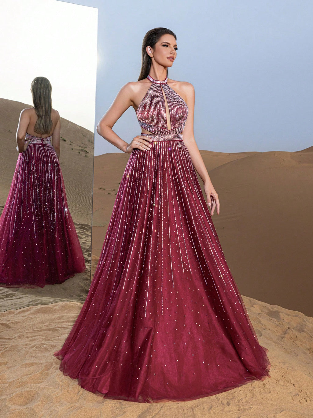 Gorgeous Rhinestone Detail Halter Neck Backless Formal Prom Dress & Evening Gowns