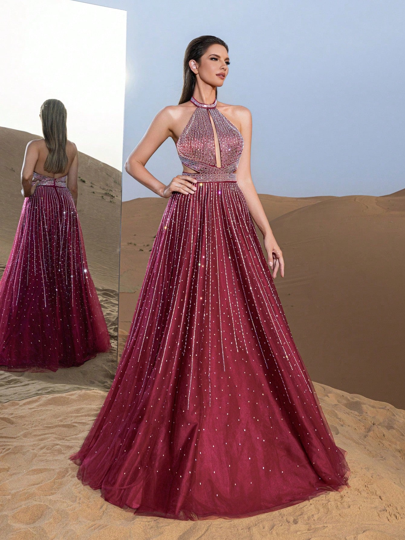 Gorgeous Rhinestone Detail Halter Neck Backless Formal Prom Dress & Evening Gowns