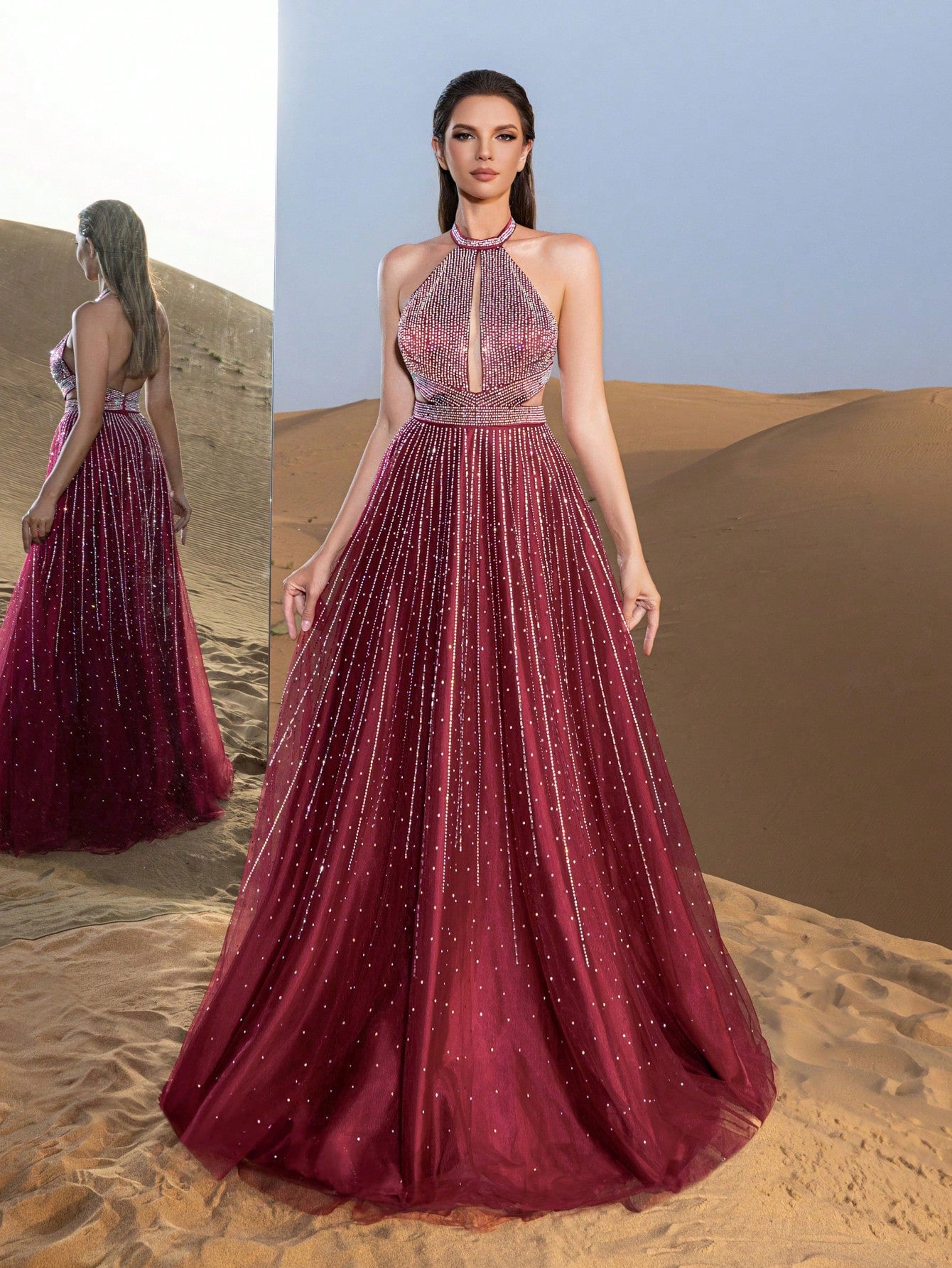 Gorgeous Rhinestone Detail Halter Neck Backless Formal Prom Dress & Evening Gowns
