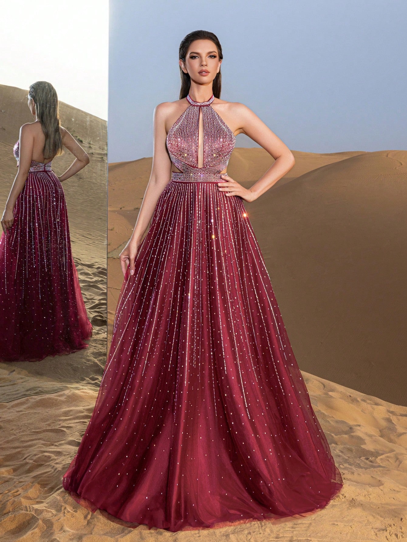 Gorgeous Rhinestone Detail Halter Neck Backless Formal Prom Dress & Evening Gowns