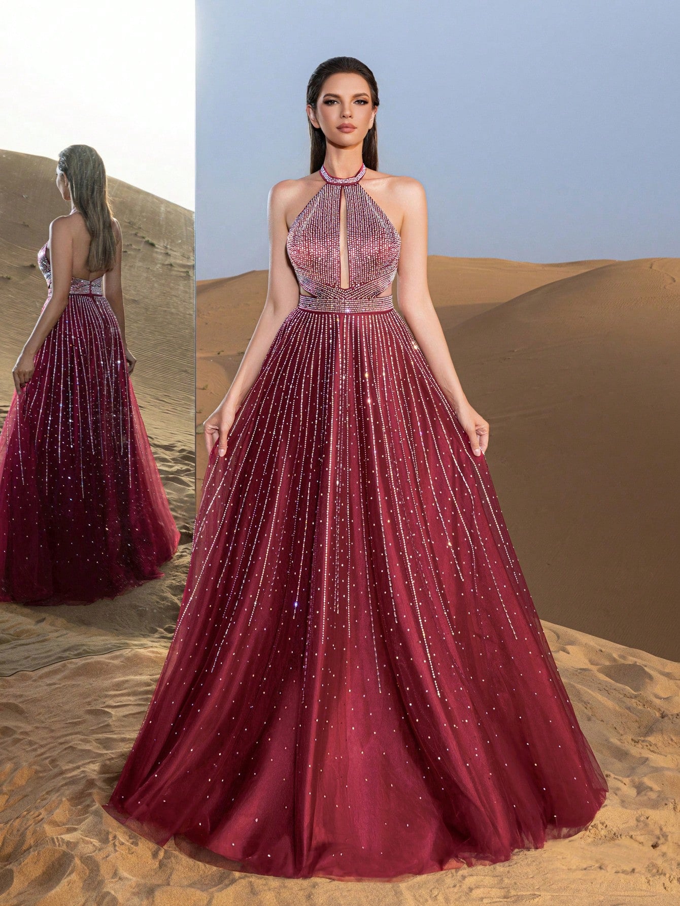 Gorgeous Rhinestone Detail Halter Neck Backless Formal Prom Dress & Evening Gowns