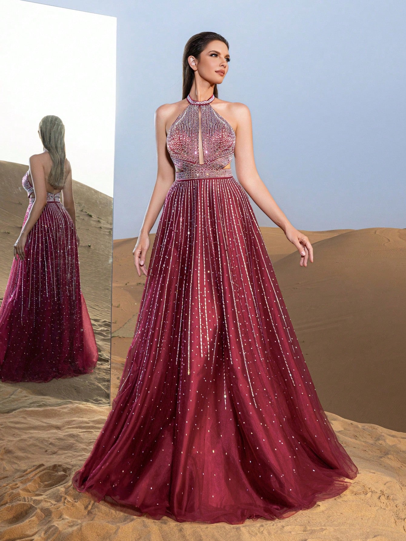 Gorgeous Rhinestone Detail Halter Neck Backless Formal Prom Dress & Evening Gowns