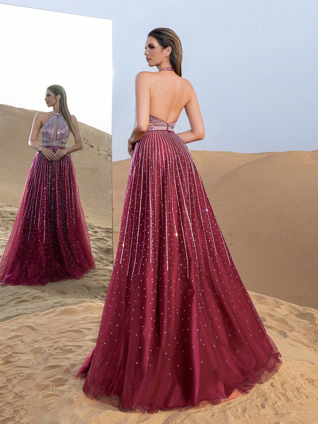 Gorgeous Rhinestone Detail Halter Neck Backless Formal Prom Dress & Evening Gowns