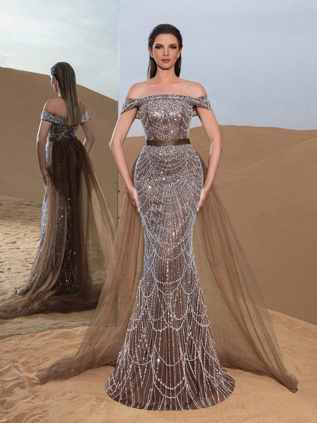 Luxury Off Shoulder Tulle Overlay Mermaid Hem Beaded Sequin Evening Dress