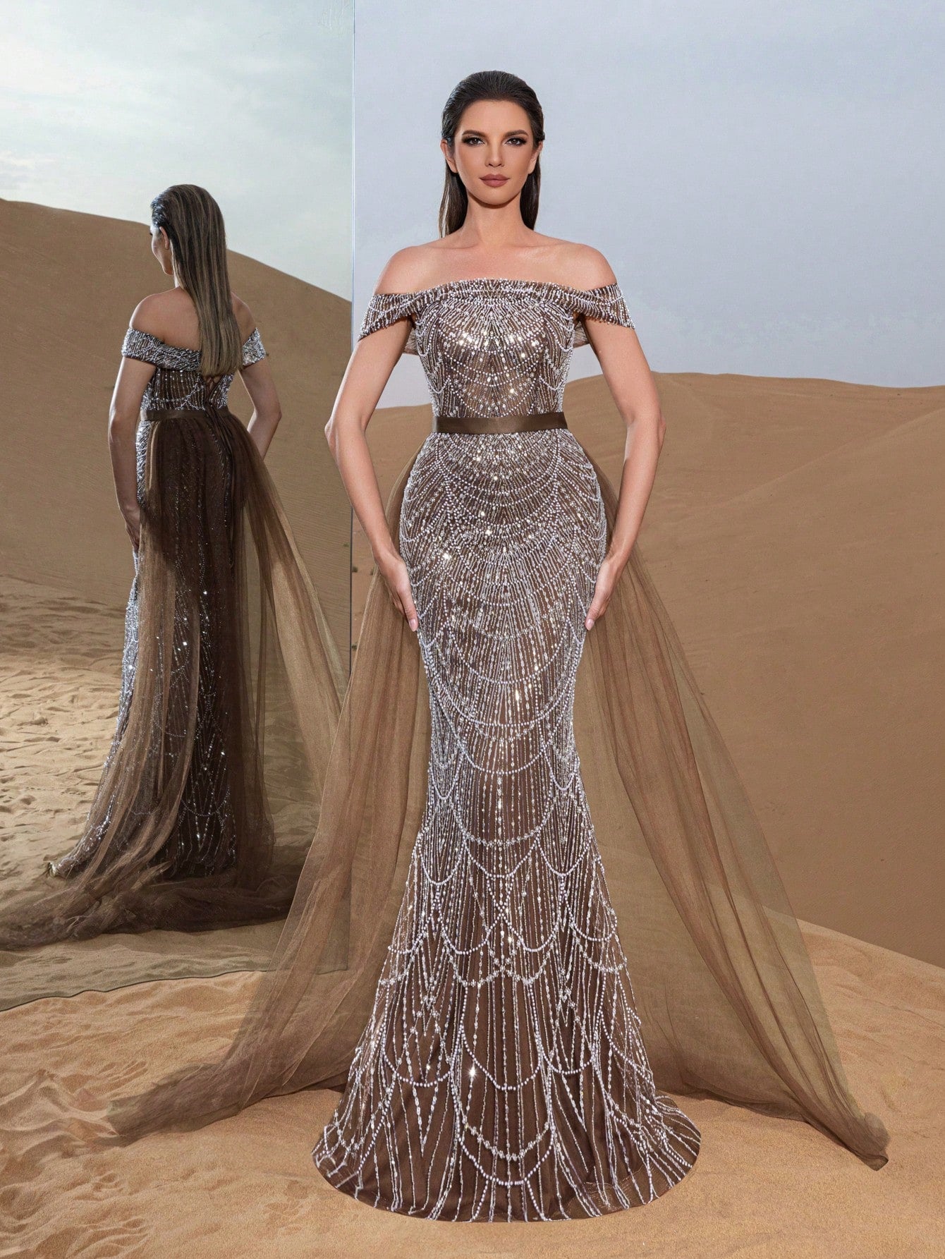 Luxury Off Shoulder Tulle Overlay Mermaid Hem Beaded Sequin Evening Dress
