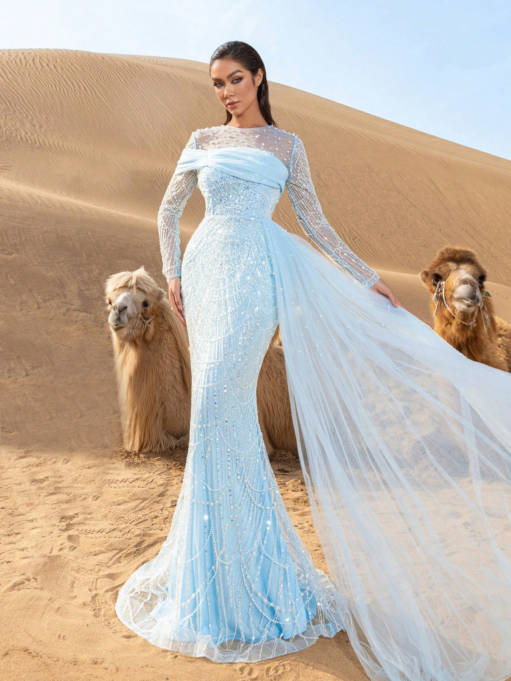 Luxury Tulle Overlay Mermaid Hem Beaded Detail Formal Evening Dress