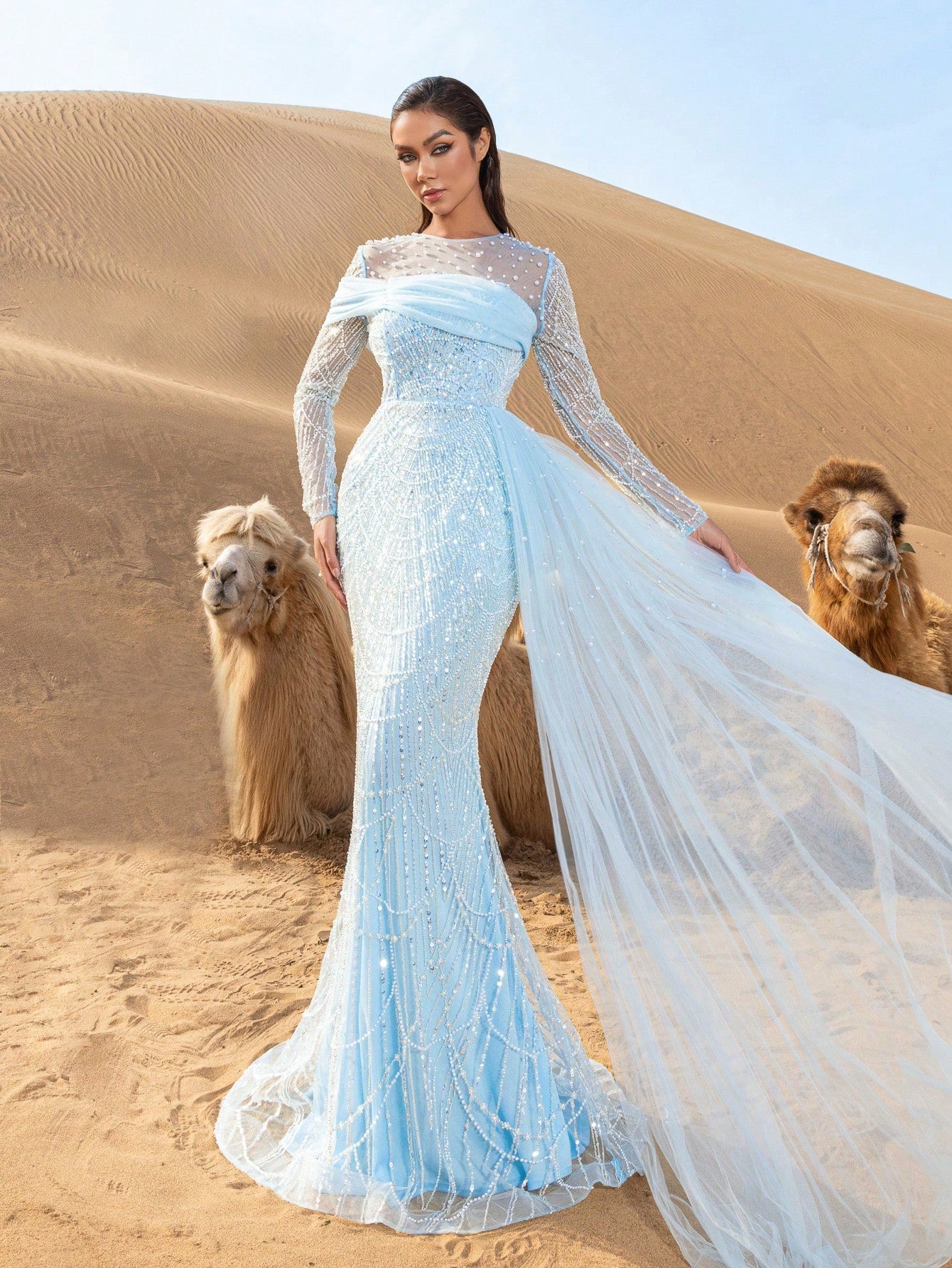 Luxury Tulle Overlay Mermaid Hem Beaded Detail Formal Evening Dress