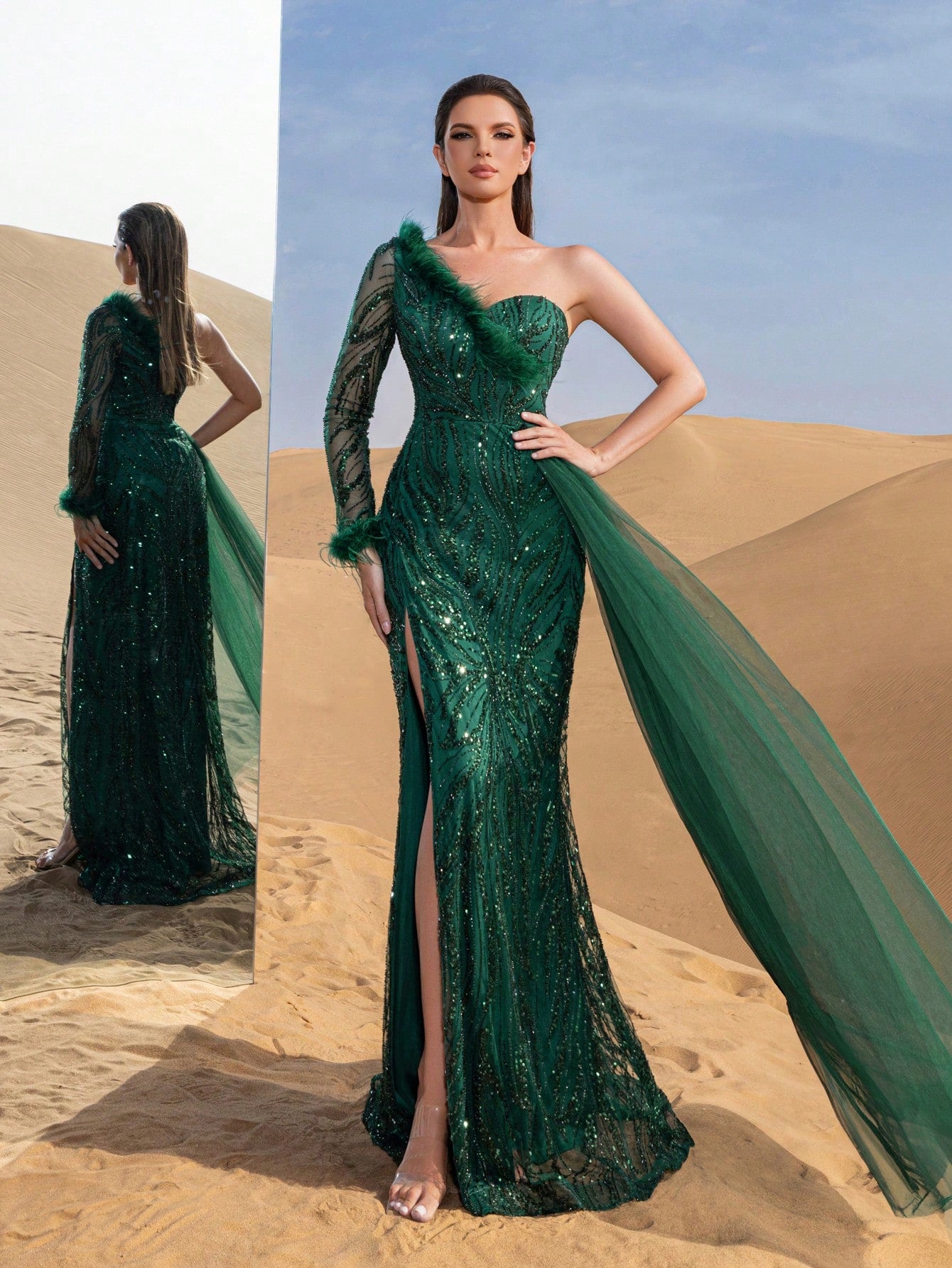 One Sleeve Sequin Pastel Beaded Formal Dresses & Evening Gowns Dress & Embellished Dress&Neckline Turkey Feathers Trim Party Dress