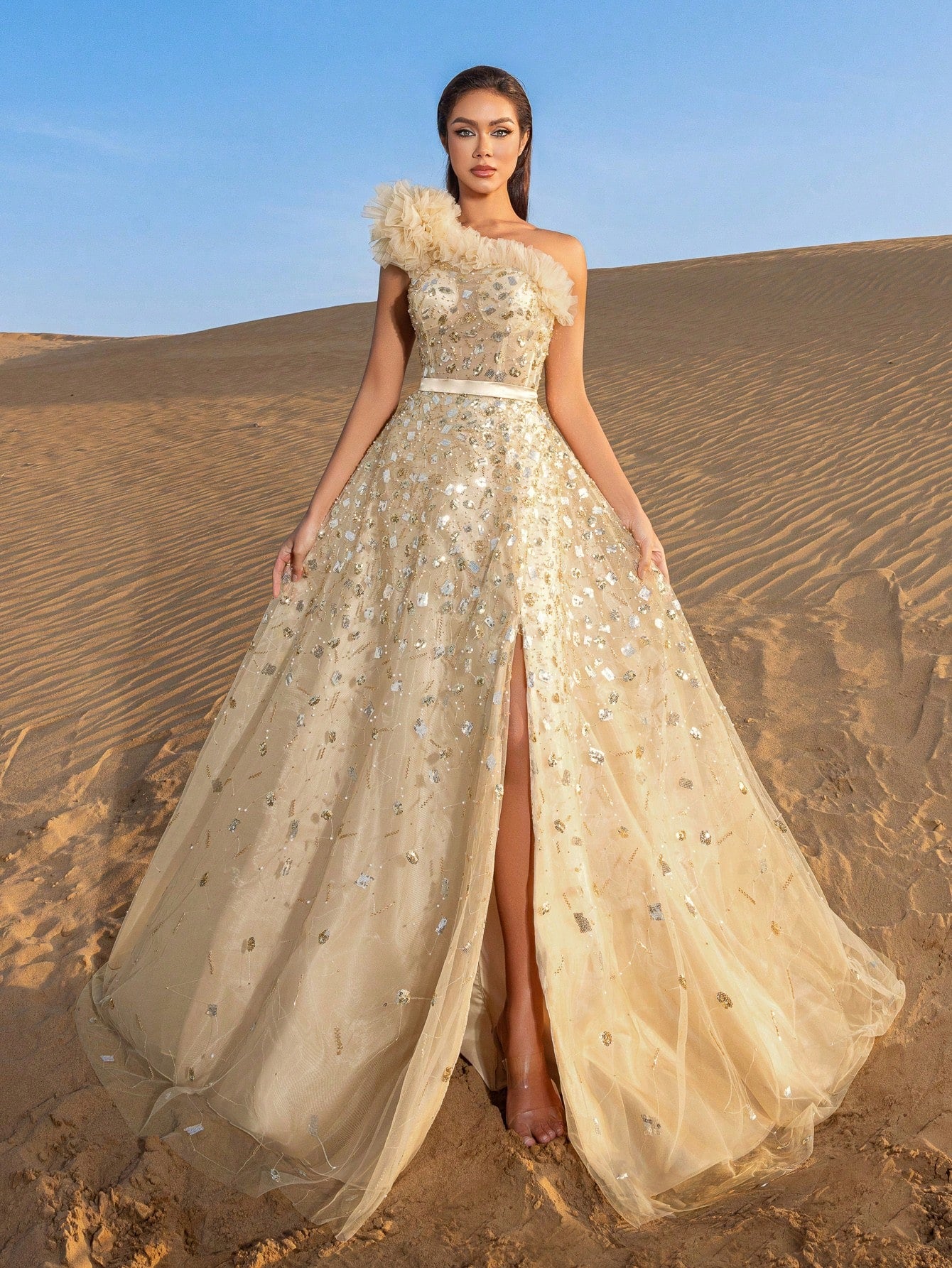 Gorgeous One Shoulder Floral Sequin Beaded Formal Prom Dresses & Evening Gowns