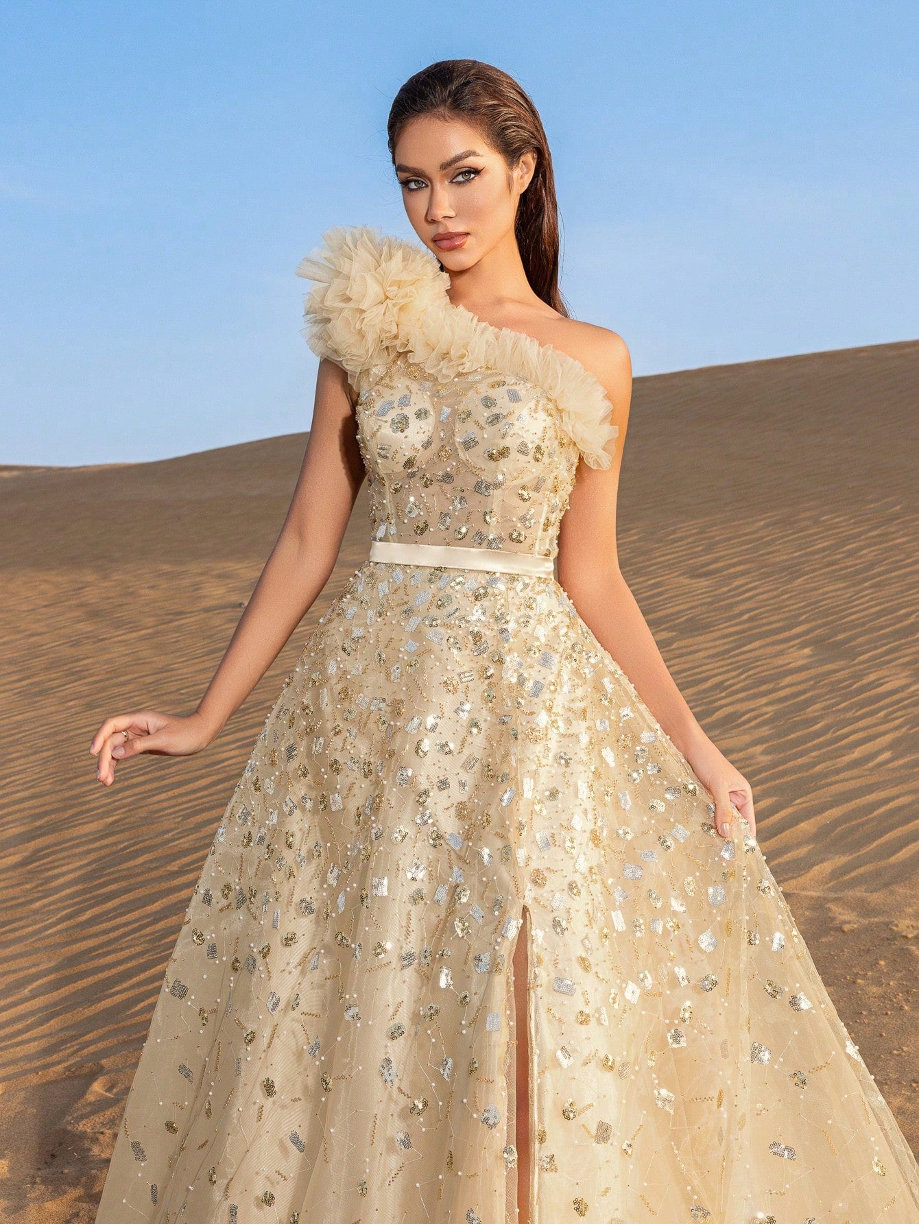Gorgeous One Shoulder Floral Sequin Beaded Formal Prom Dresses & Evening Gowns