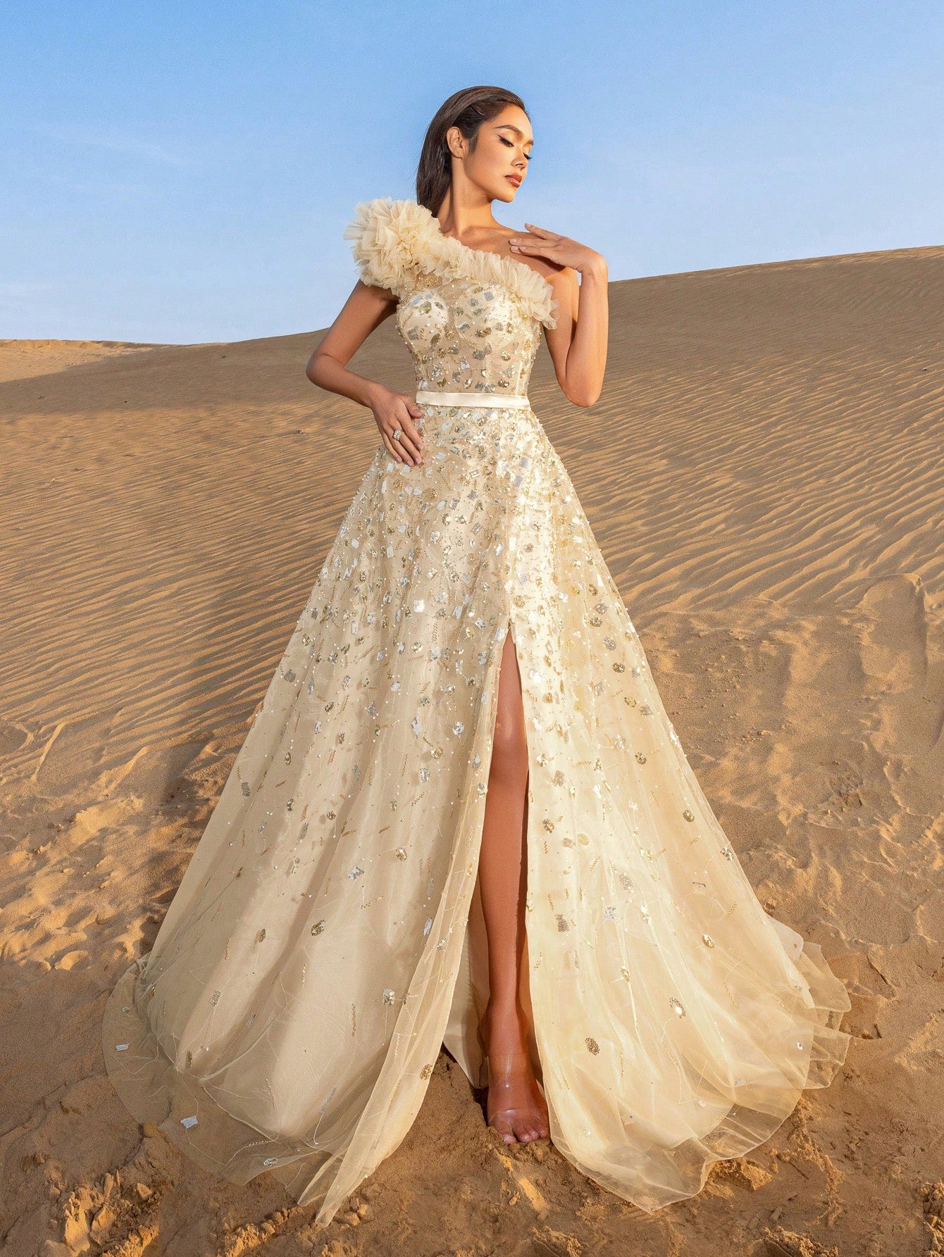 Gorgeous One Shoulder Floral Sequin Beaded Formal Prom Dresses & Evening Gowns