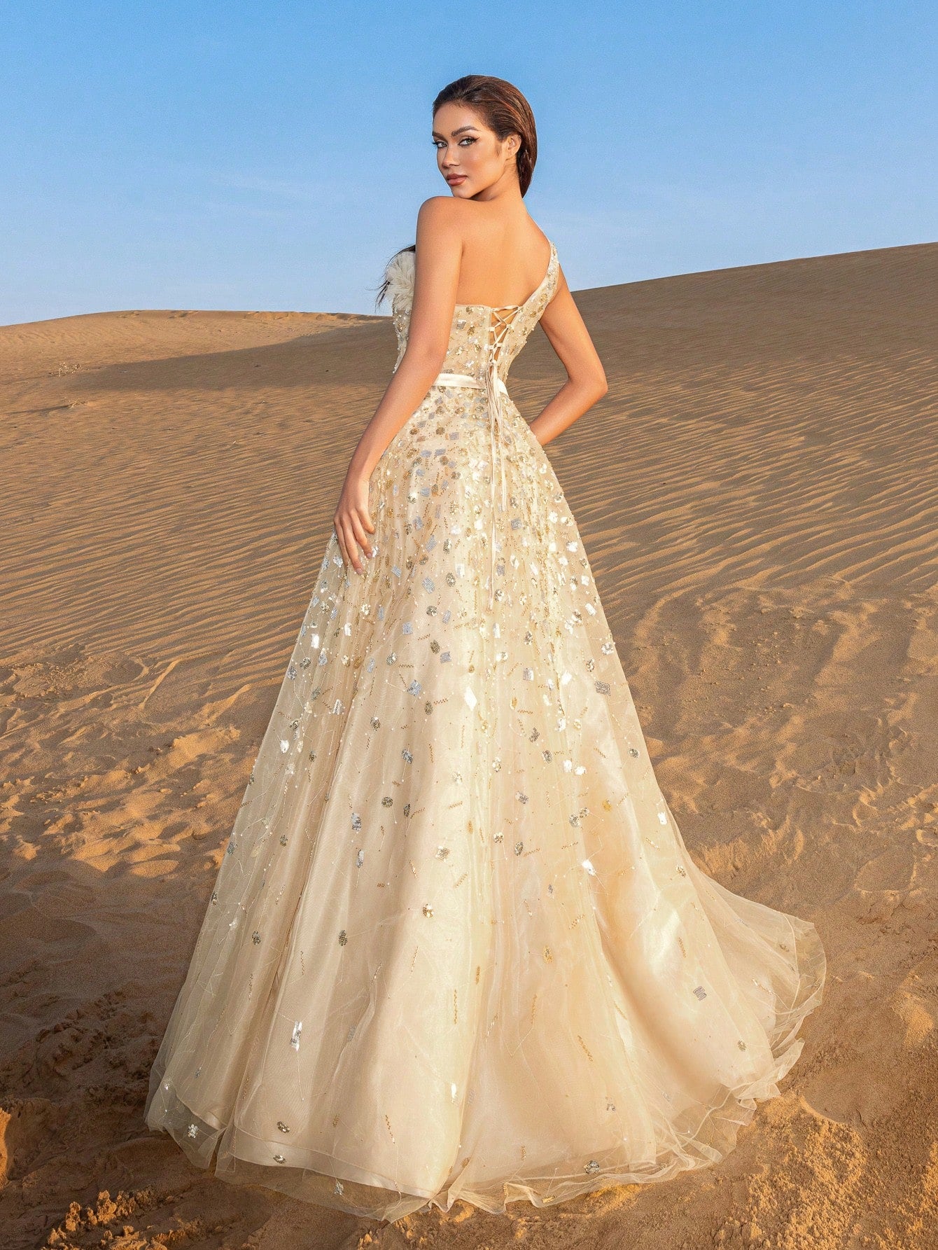 Gorgeous One Shoulder Floral Sequin Beaded Formal Prom Dresses & Evening Gowns