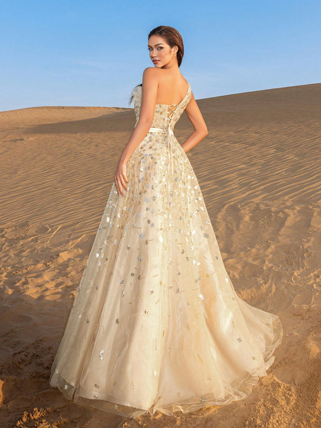 Gorgeous One Shoulder Floral Sequin Beaded Formal Prom Dresses & Evening Gowns