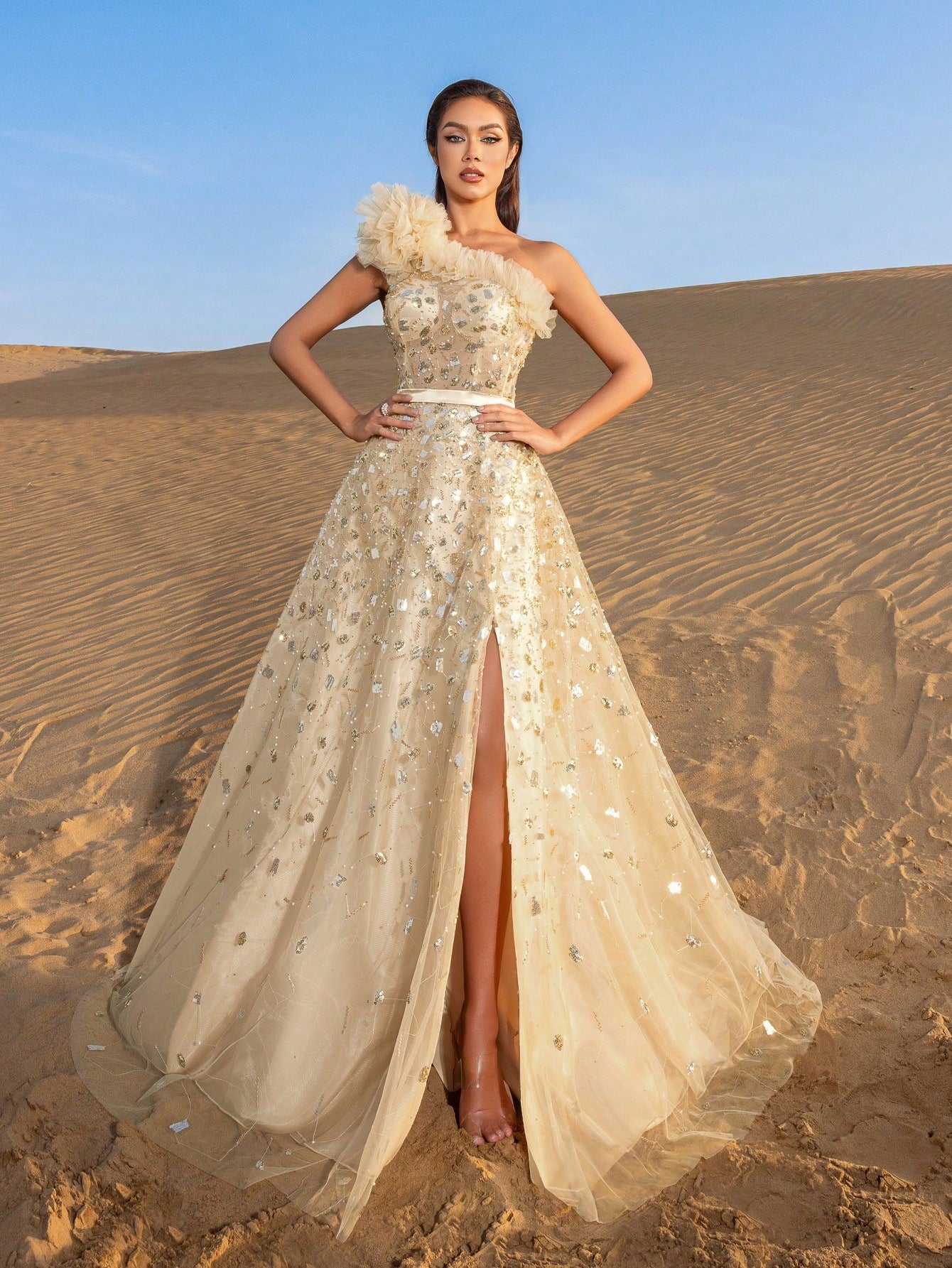 Gorgeous One Shoulder Floral Sequin Beaded Formal Prom Dresses & Evening Gowns