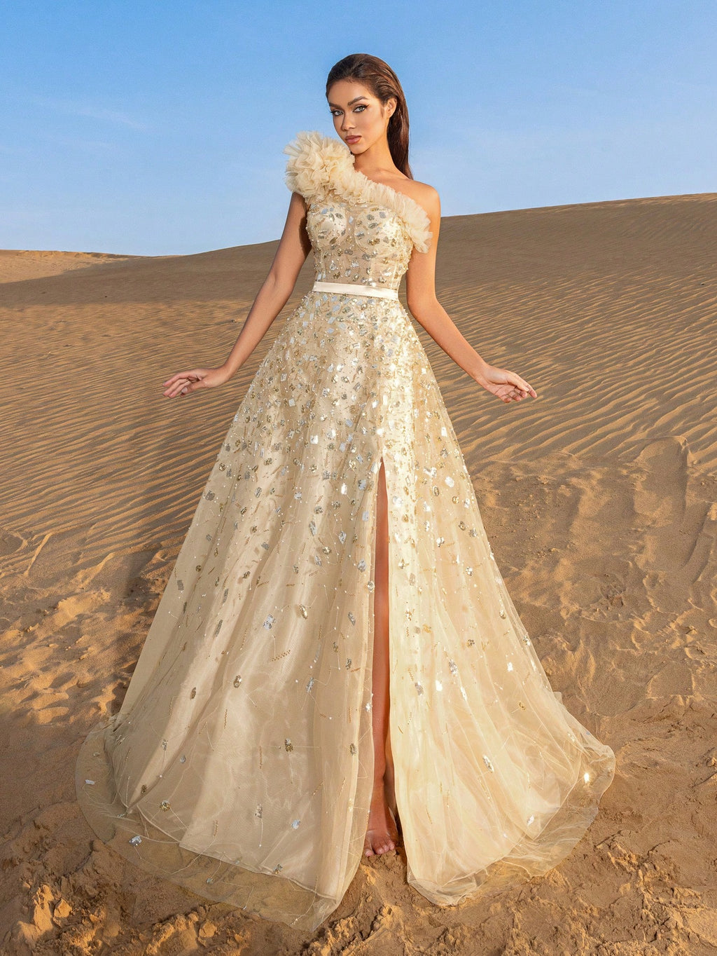 Gorgeous One Shoulder Floral Sequin Beaded Formal Prom Dresses & Evening Gowns