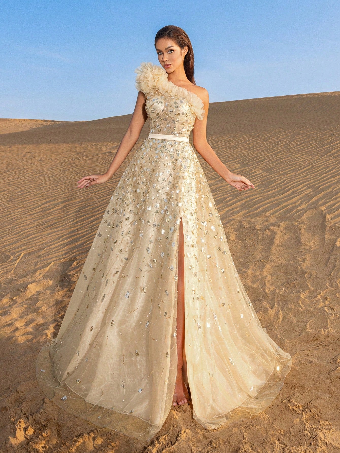 Gorgeous One Shoulder Floral Sequin Beaded Formal Prom Dresses & Evening Gowns