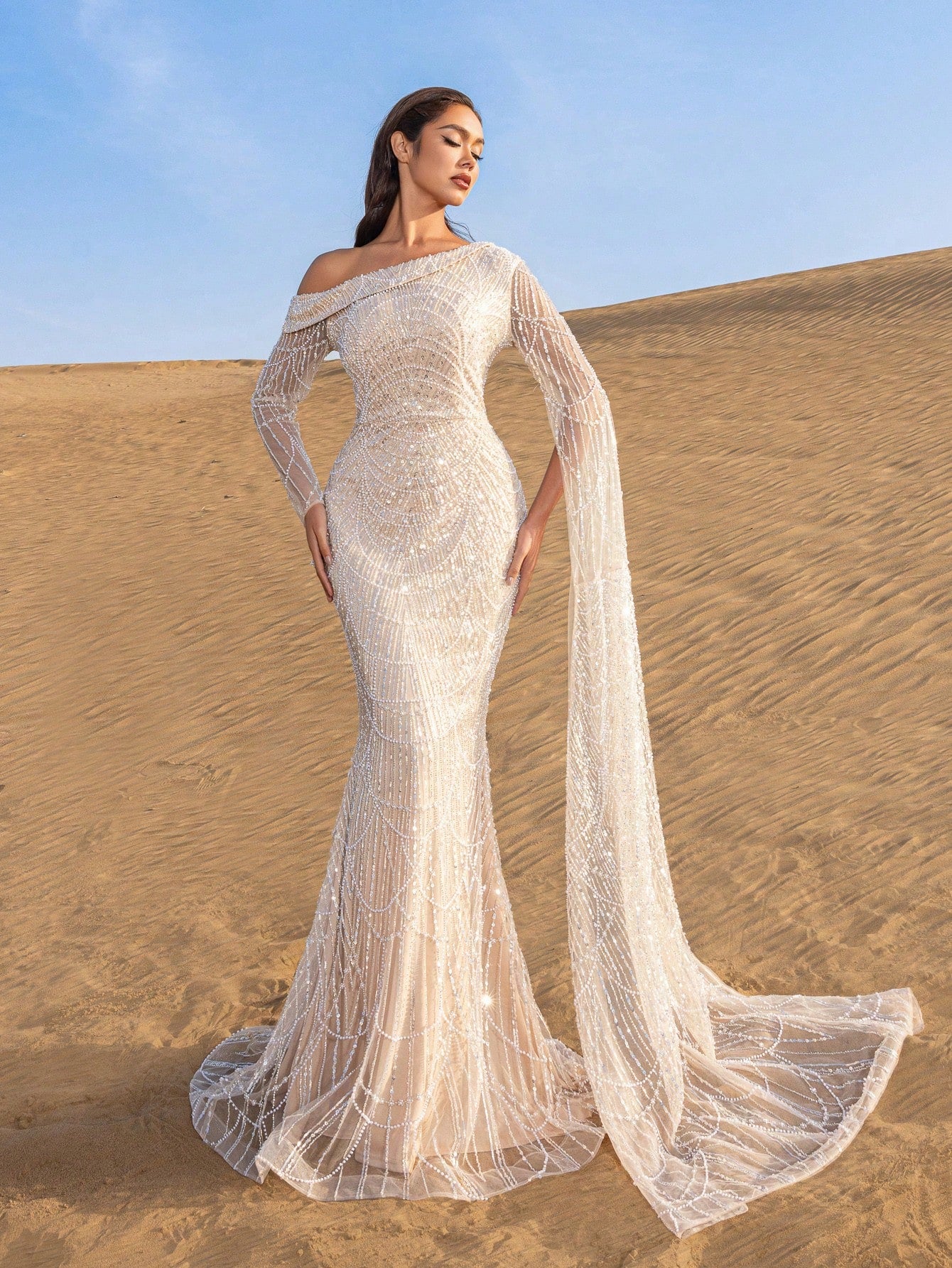 Luxurious One-Shoulder Beaded Sequin Mermaid Gown with Asymmetrical Sleeves