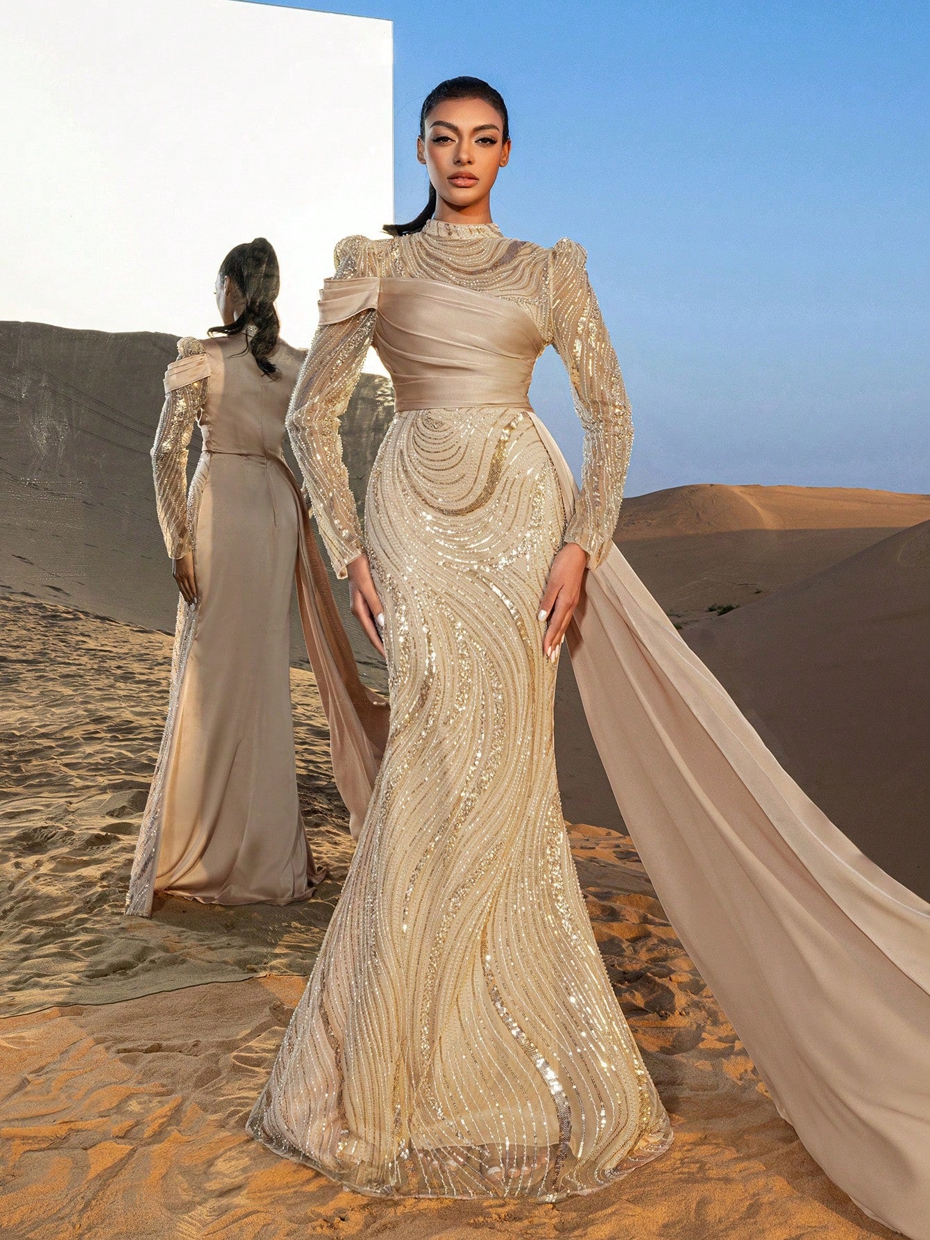 Gorgeous Mock Neck Sheer Sleeves Mermaid Hem Beaded Formal Dresses & Evening Gowns