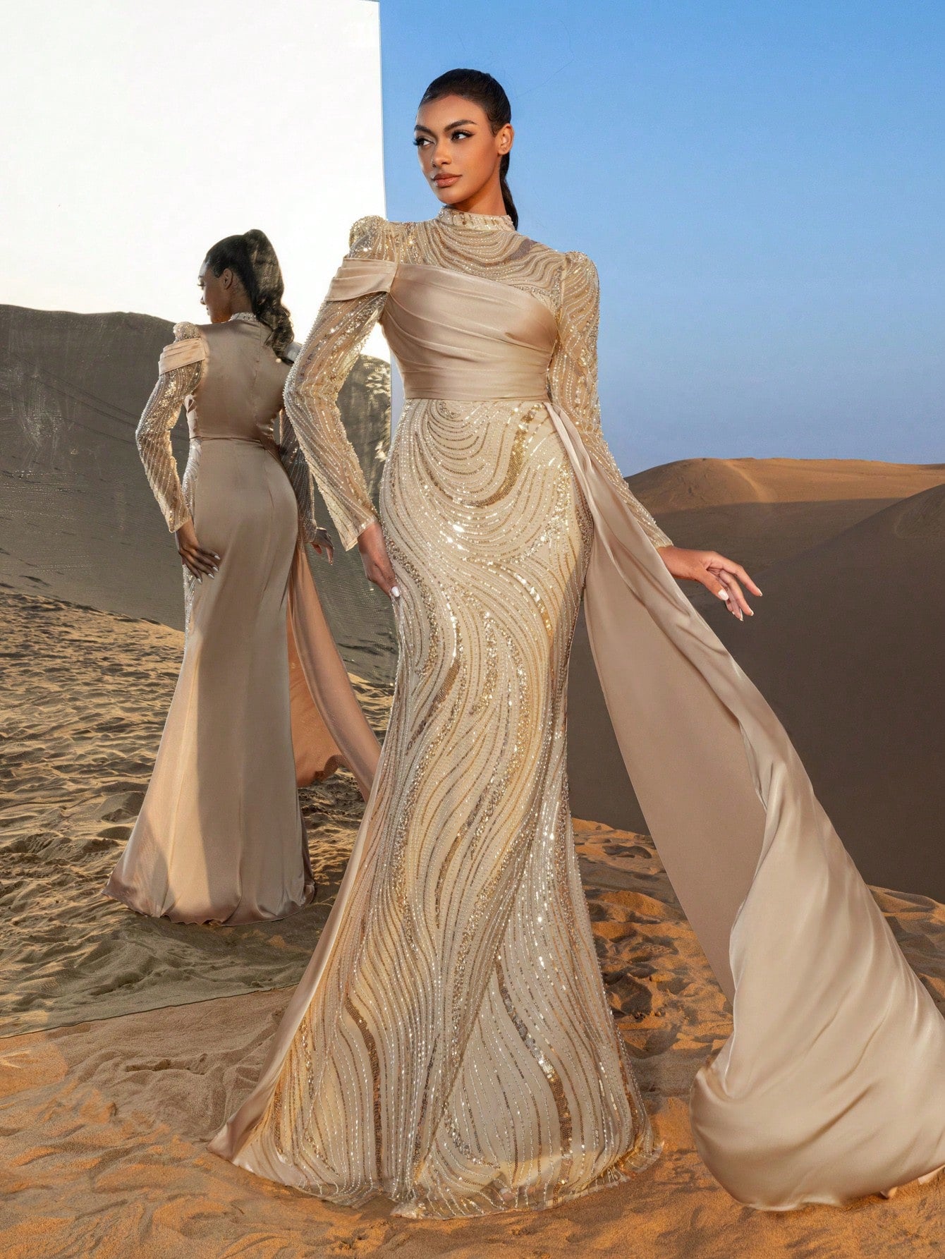 Gorgeous Mock Neck Sheer Sleeves Mermaid Hem Beaded Formal Dresses & Evening Gowns