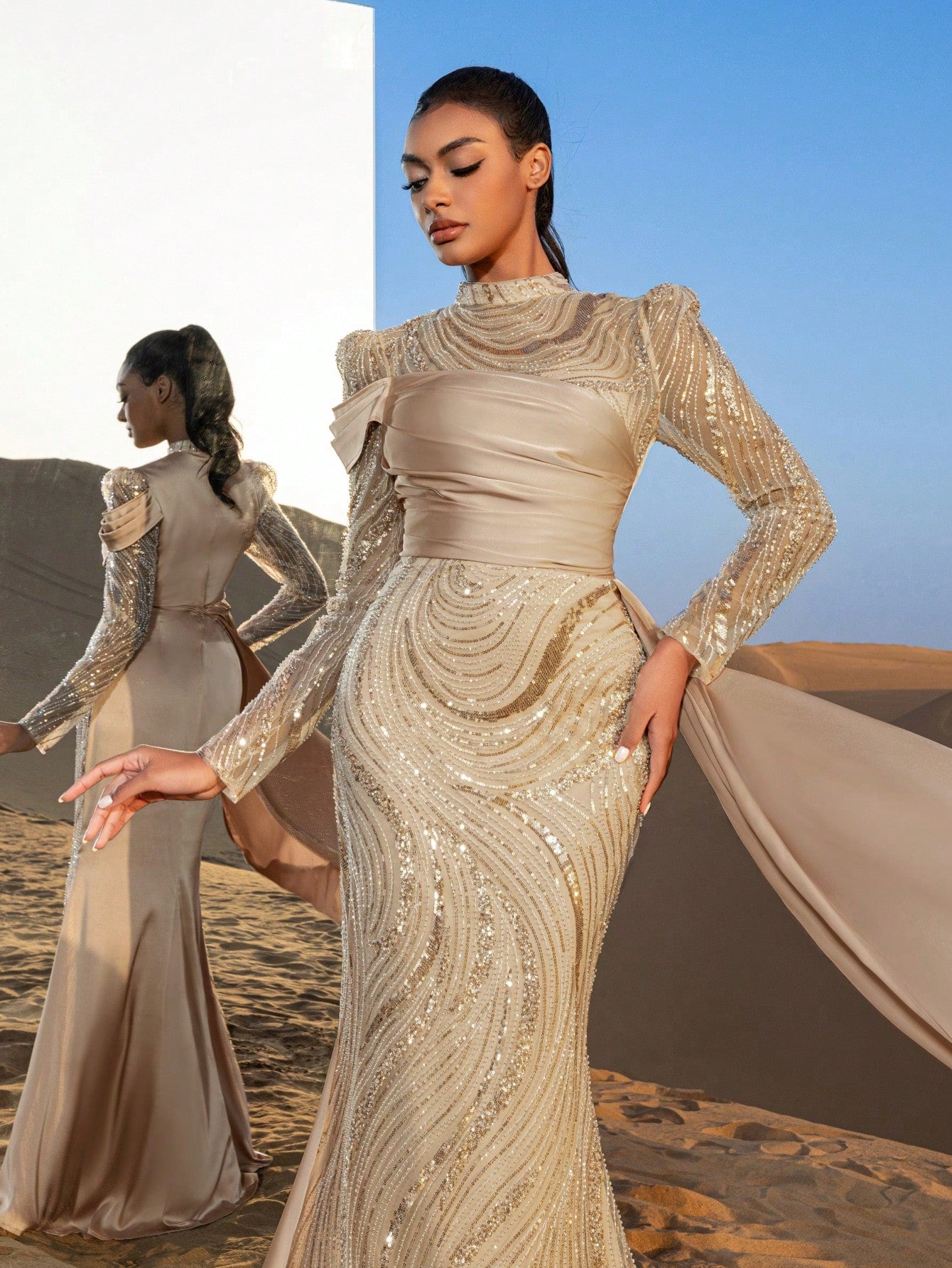 Gorgeous Mock Neck Sheer Sleeves Mermaid Hem Beaded Formal Dresses & Evening Gowns