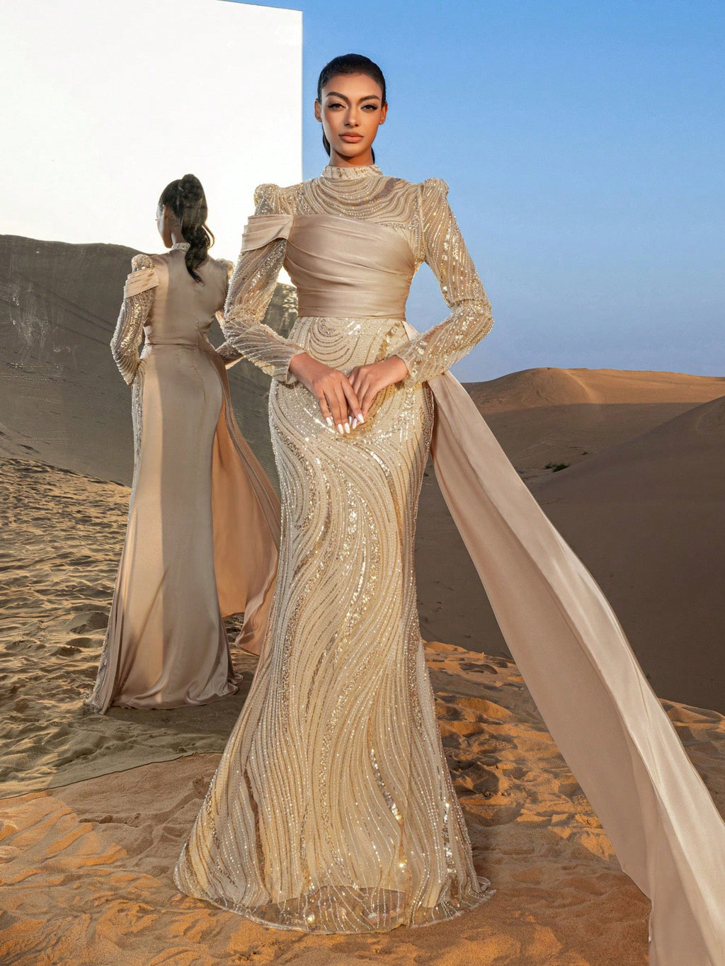 Gorgeous Mock Neck Sheer Sleeves Mermaid Hem Beaded Formal Dresses & Evening Gowns