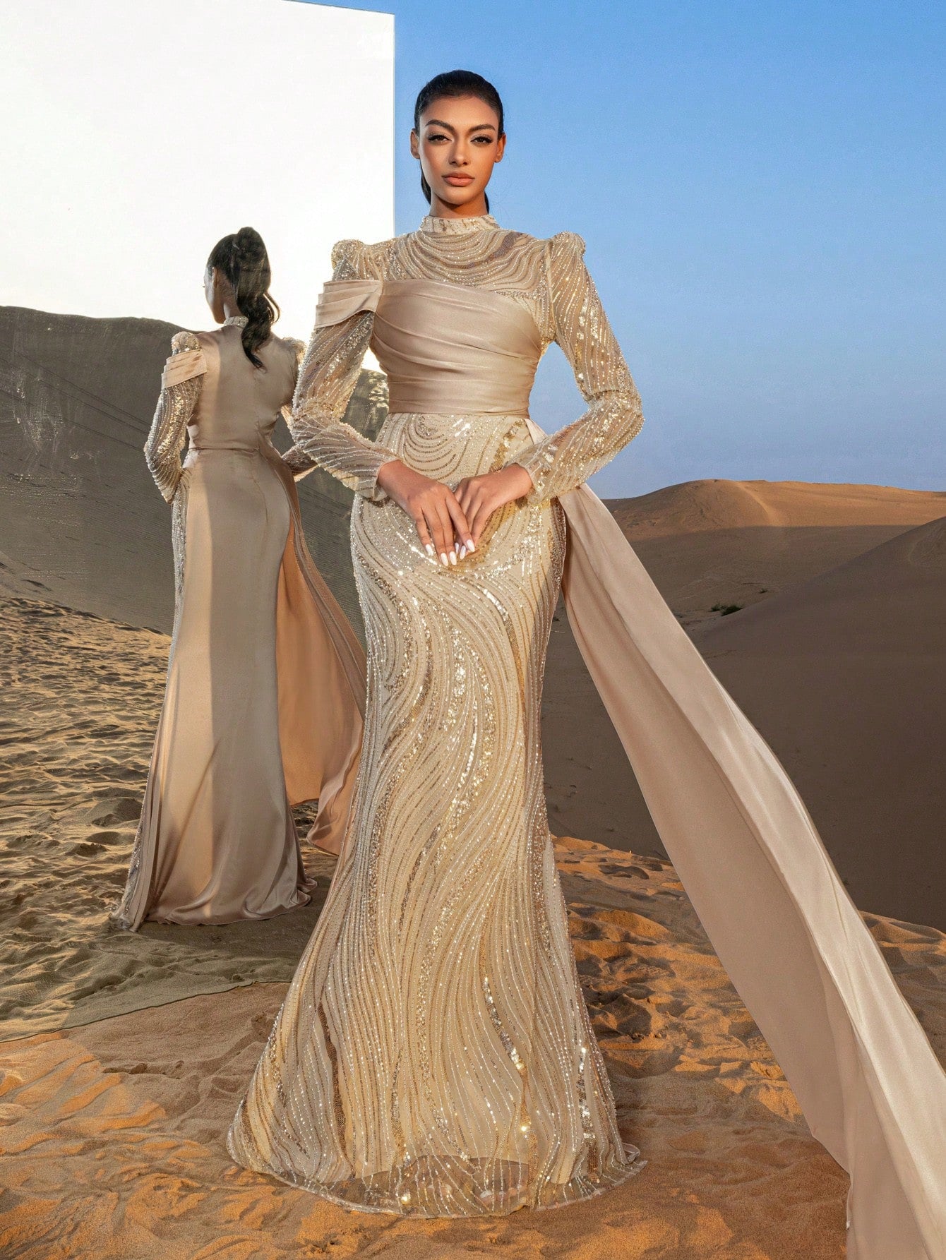 Gorgeous Mock Neck Sheer Sleeves Mermaid Hem Beaded Formal Dresses & Evening Gowns