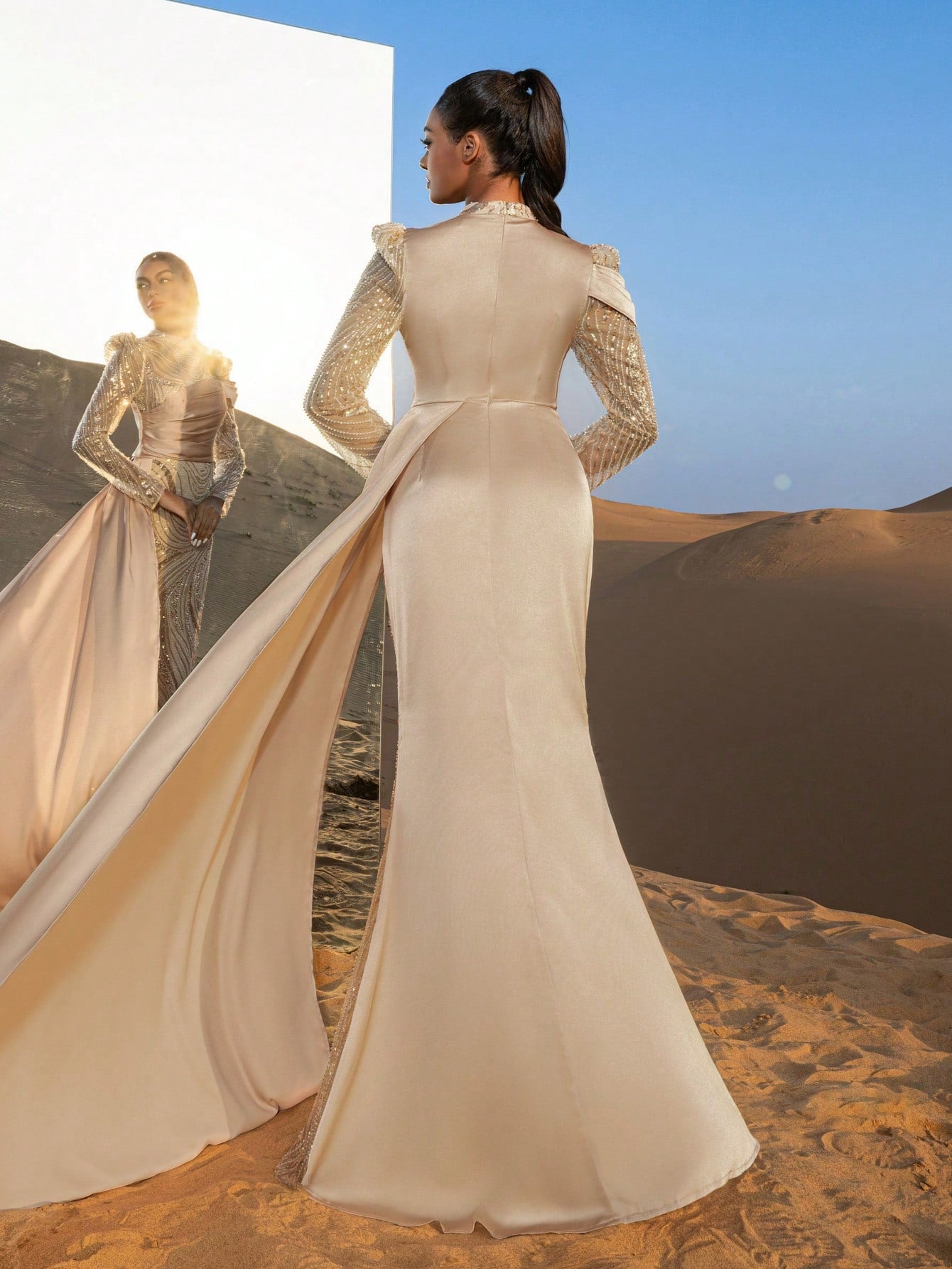 Gorgeous Mock Neck Sheer Sleeves Mermaid Hem Beaded Formal Dresses & Evening Gowns