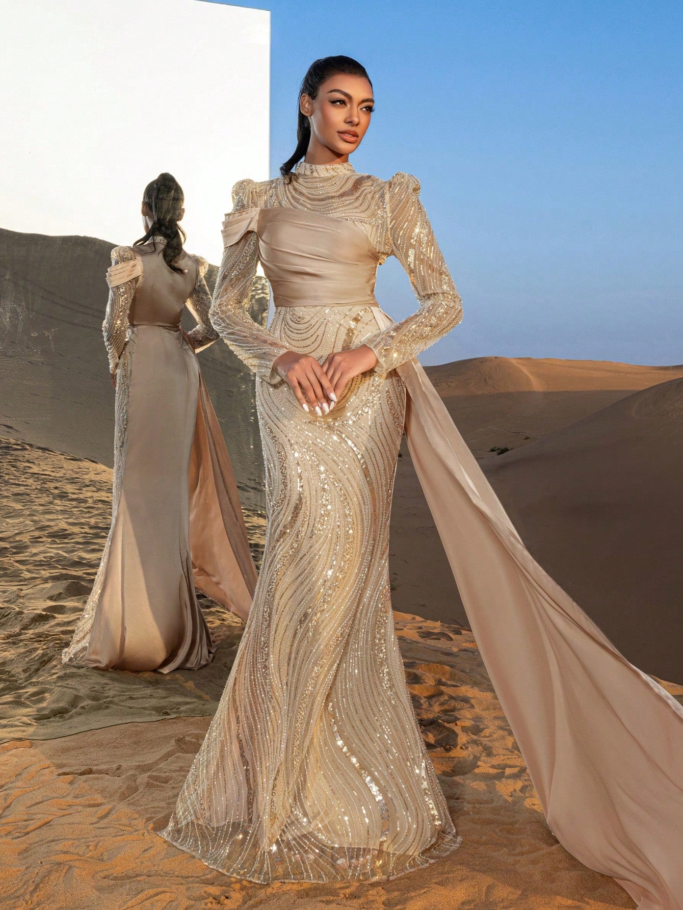 Gorgeous Mock Neck Sheer Sleeves Mermaid Hem Beaded Formal Dresses & Evening Gowns