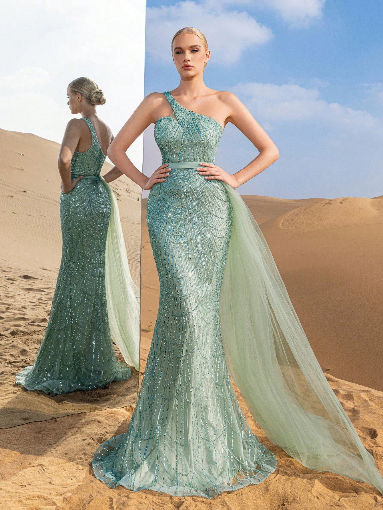 Luxury One Shoulder Sheer Overlay Beaded Formal Evening Dress & Embellished Dress & Beaded Gowns & Evening Gowns