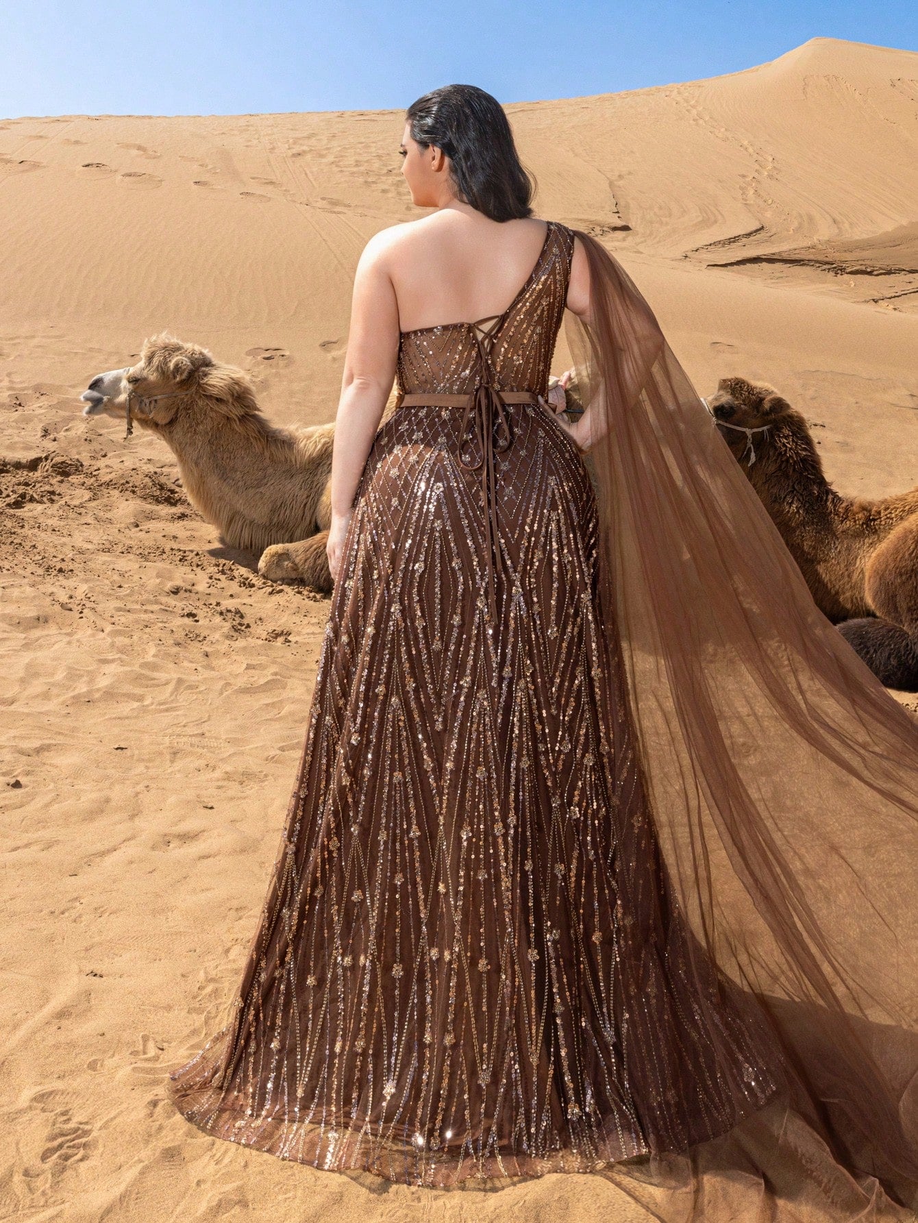 Plus Gorgeous One Shoulder Cape Sleeves Sequin Beaded Formal Dresses & Evening Gowns