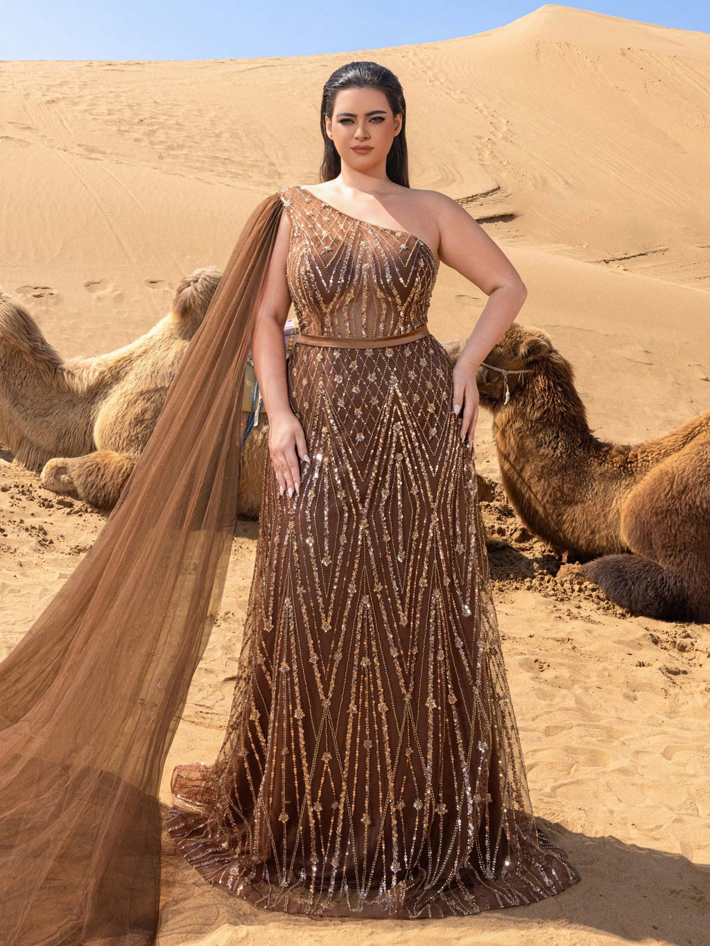Plus Gorgeous One Shoulder Cape Sleeves Sequin Beaded Formal Dresses & Evening Gowns