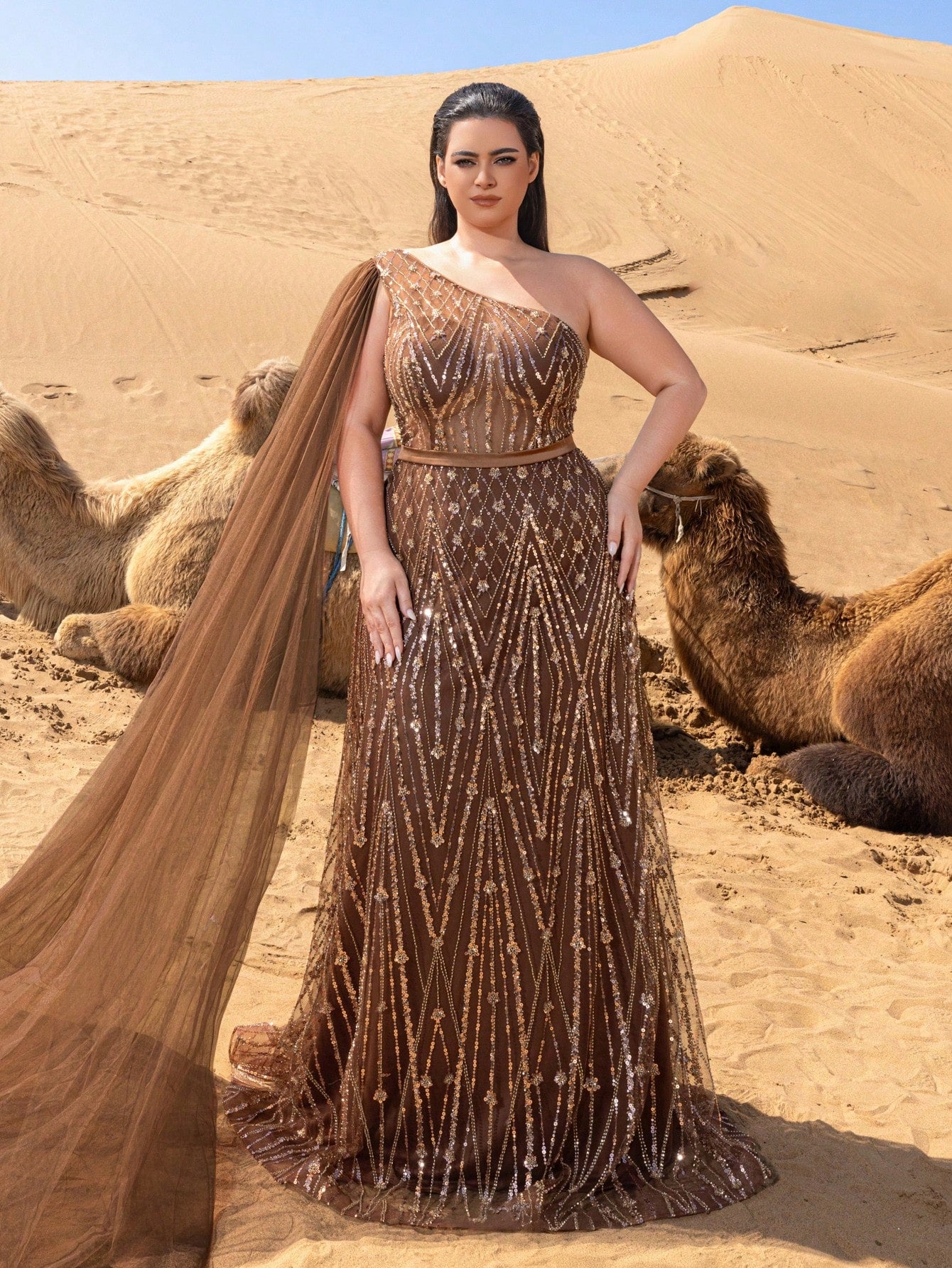 Plus Gorgeous One Shoulder Cape Sleeves Sequin Beaded Formal Dresses & Evening Gowns