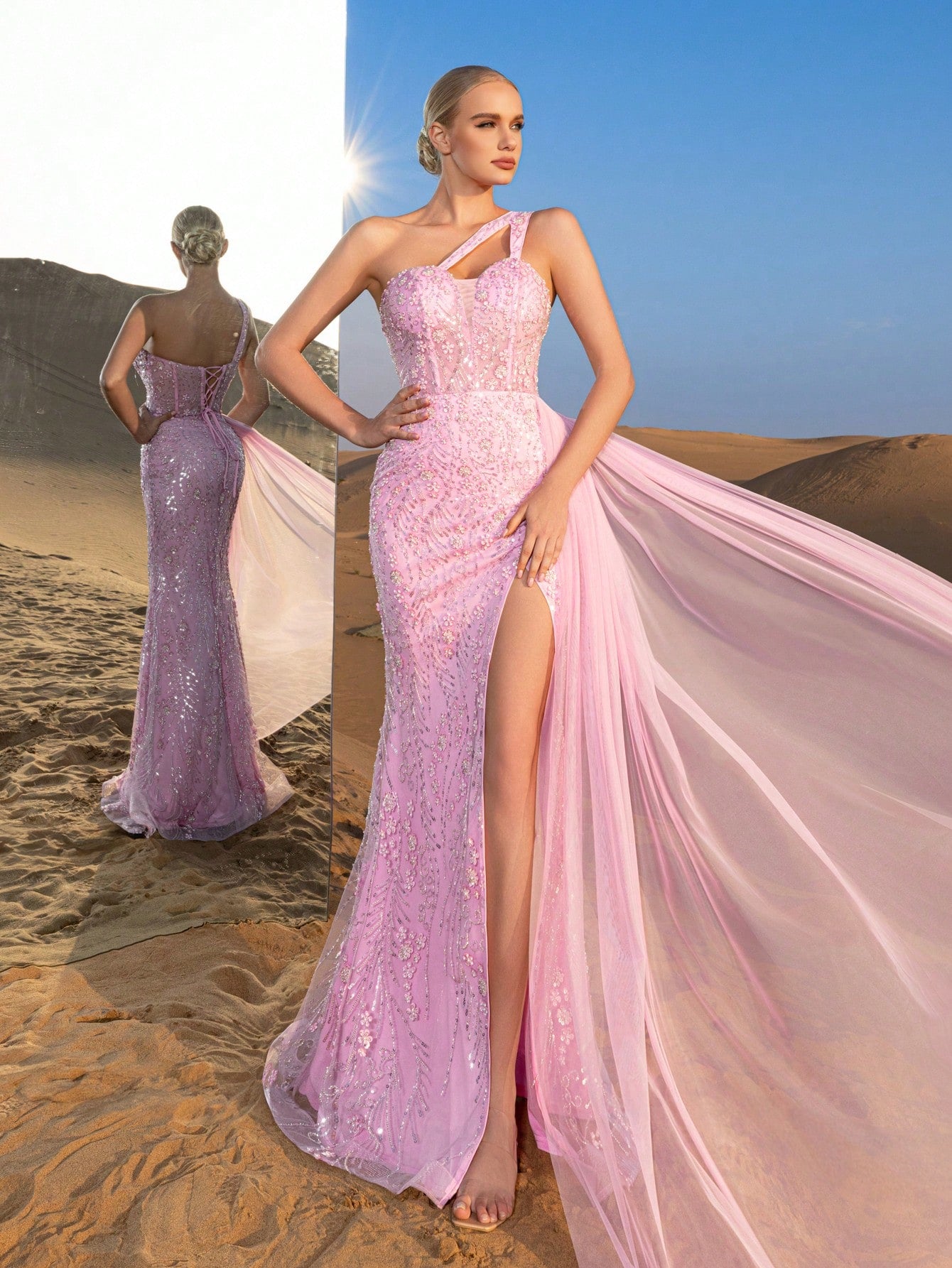 Gorgeous Asymmetric Neckline Floral Sequins Beaded Formal Dresses & Evening Gowns