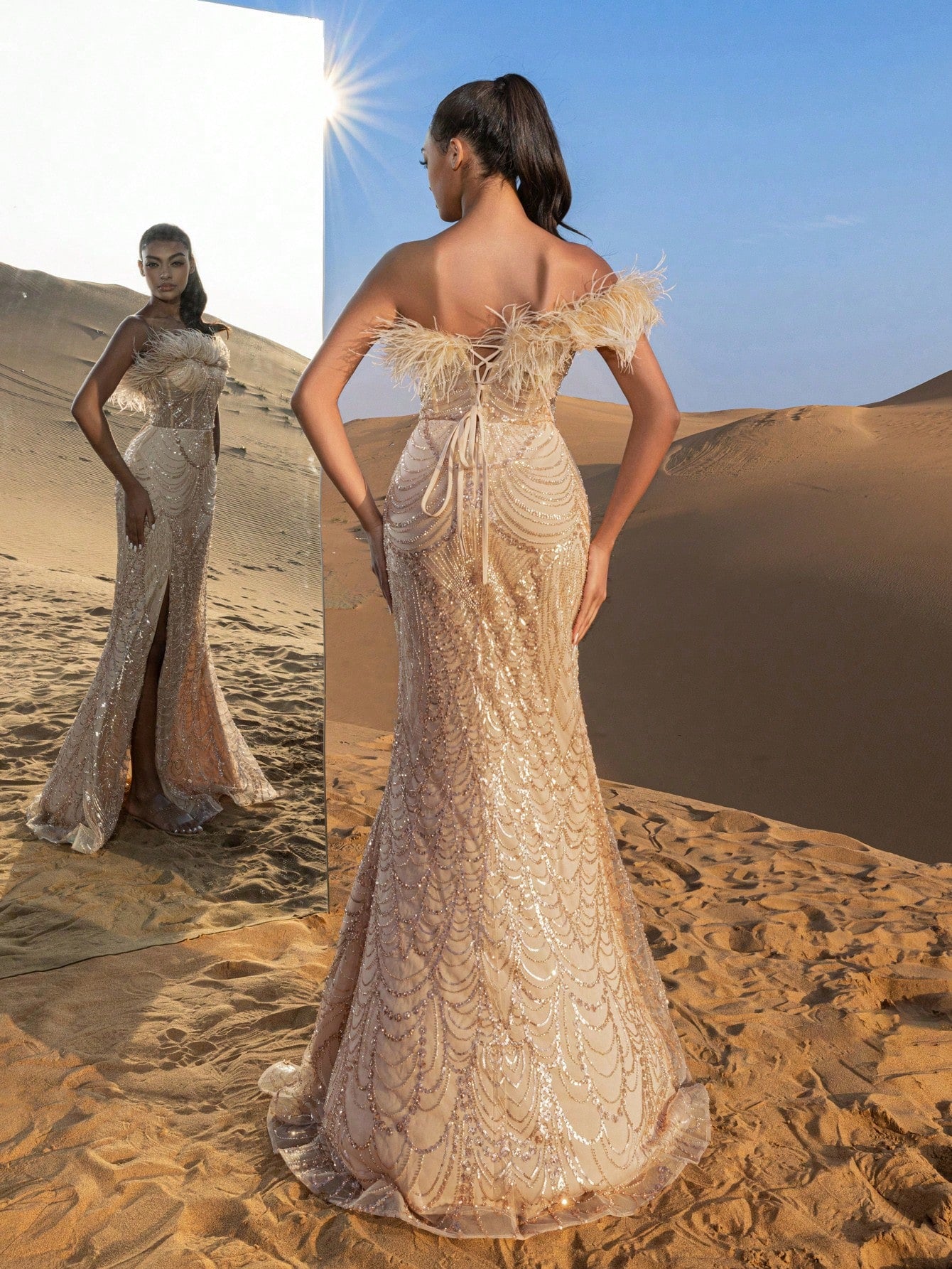 Gorgeous Feather Trim Mermaid Hem Lace Up Back Beaded Formal Dresses & Evening Gowns