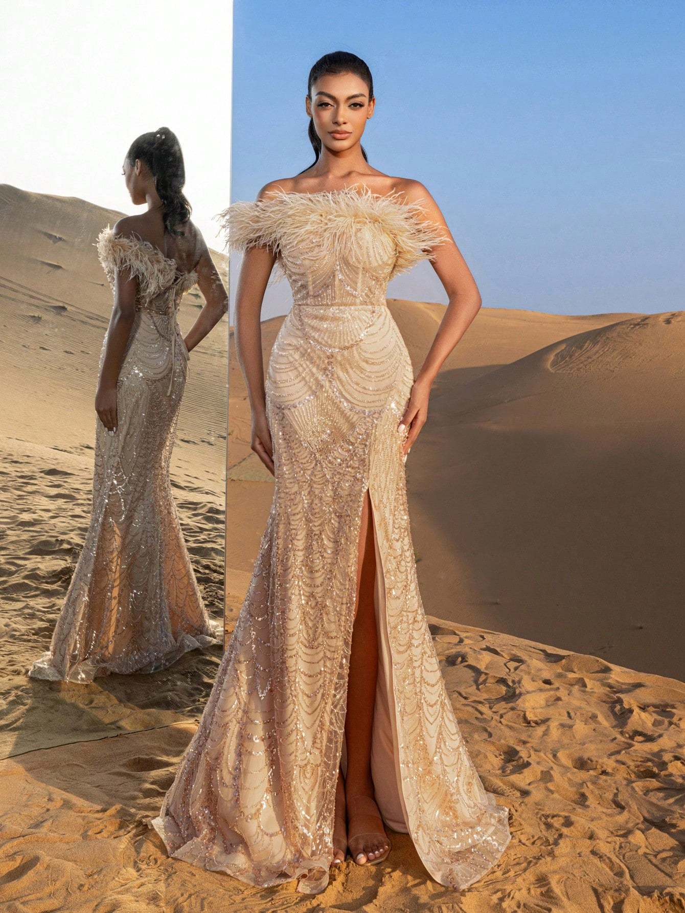 Gorgeous Feather Trim Mermaid Hem Lace Up Back Beaded Formal Dresses & Evening Gowns
