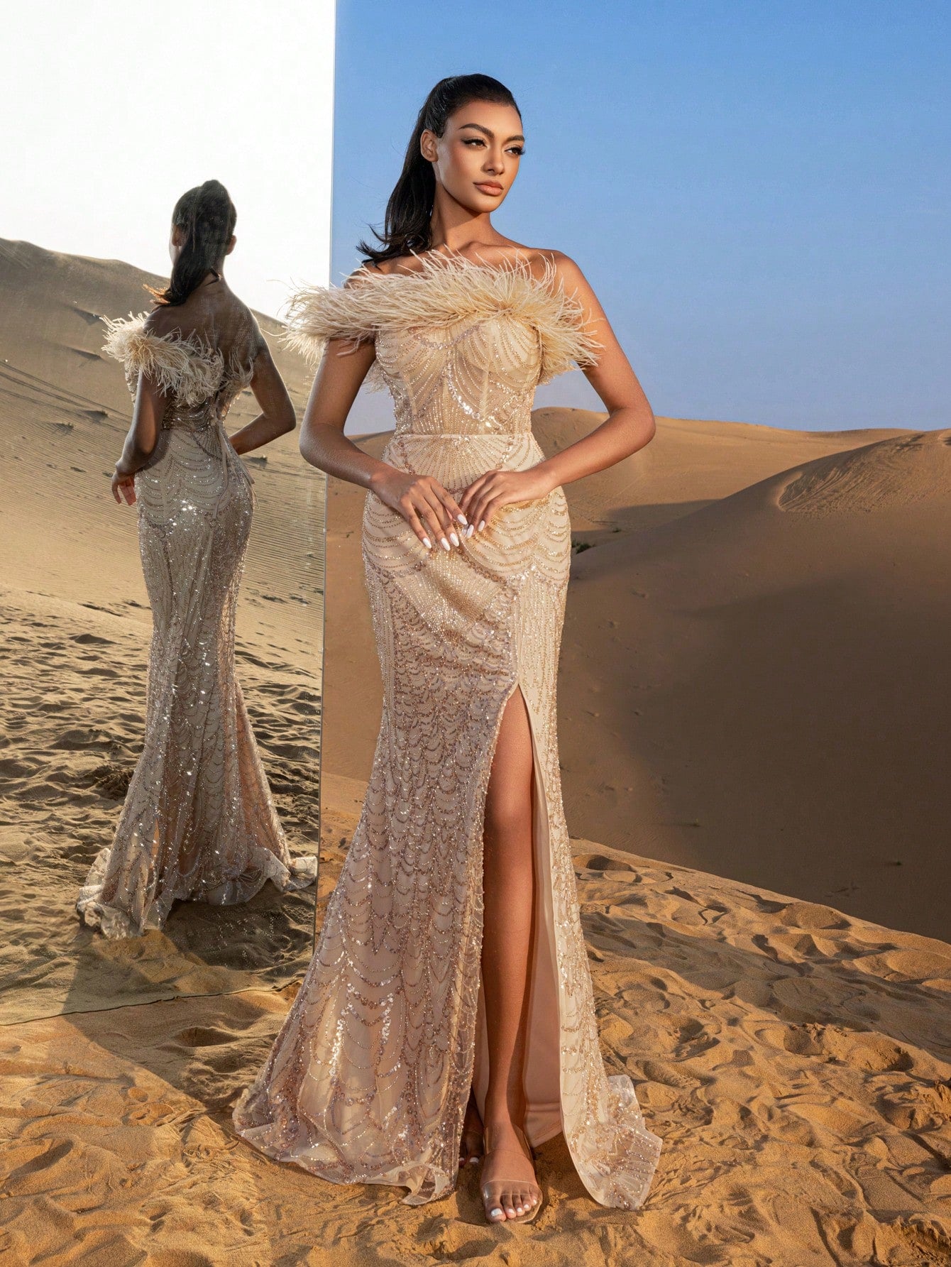 Gorgeous Feather Trim Mermaid Hem Lace Up Back Beaded Formal Dresses & Evening Gowns