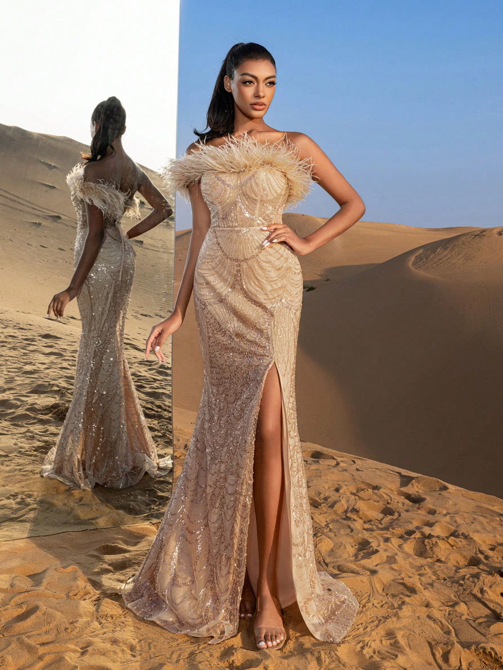 Gorgeous Feather Trim Mermaid Hem Lace Up Back Beaded Formal Dresses & Evening Gowns